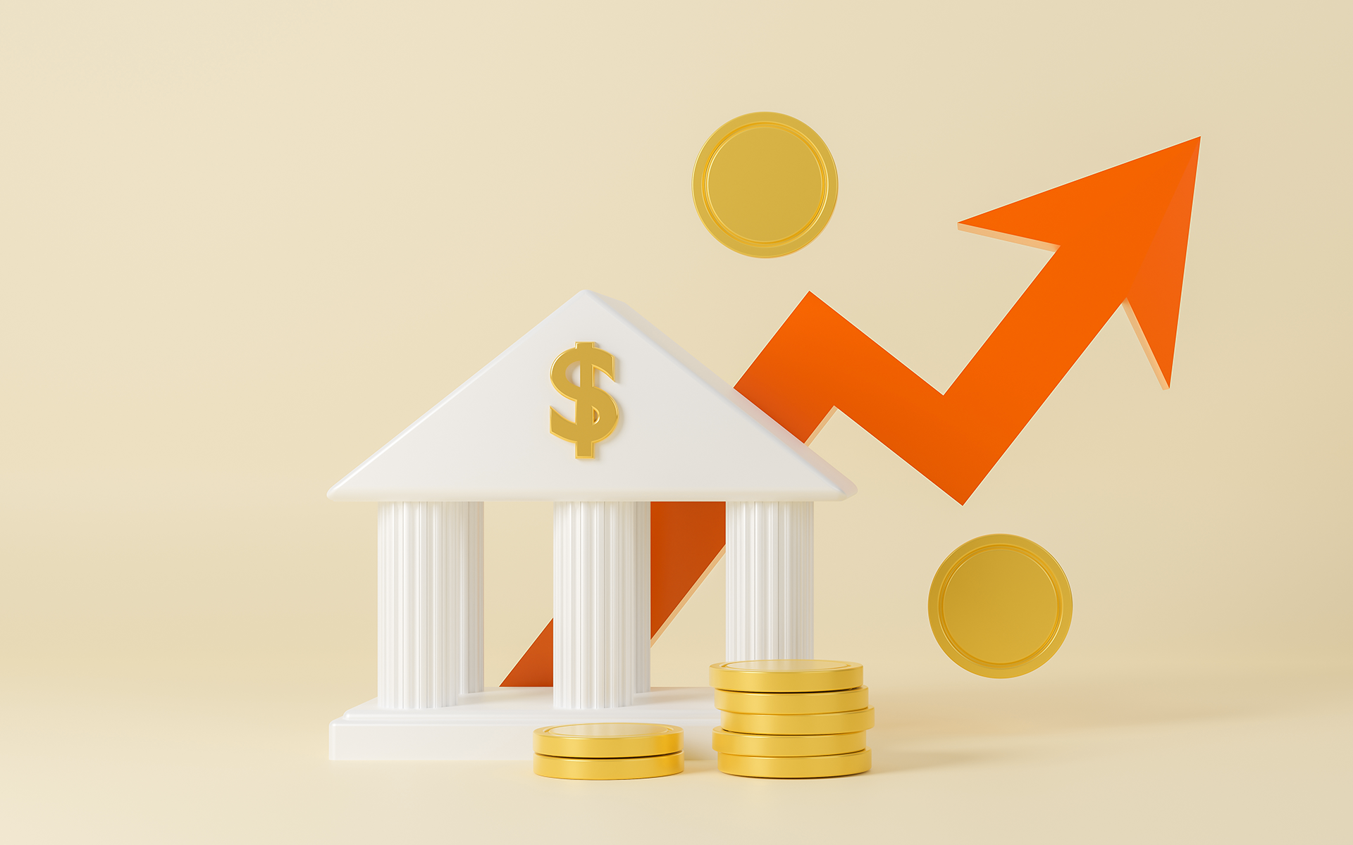 Coins piled in front of three columns topped by a dollar in front of an orange up arrow in this image for a Meltwater social listening blog about the U.S. Fed interest rate cuts.