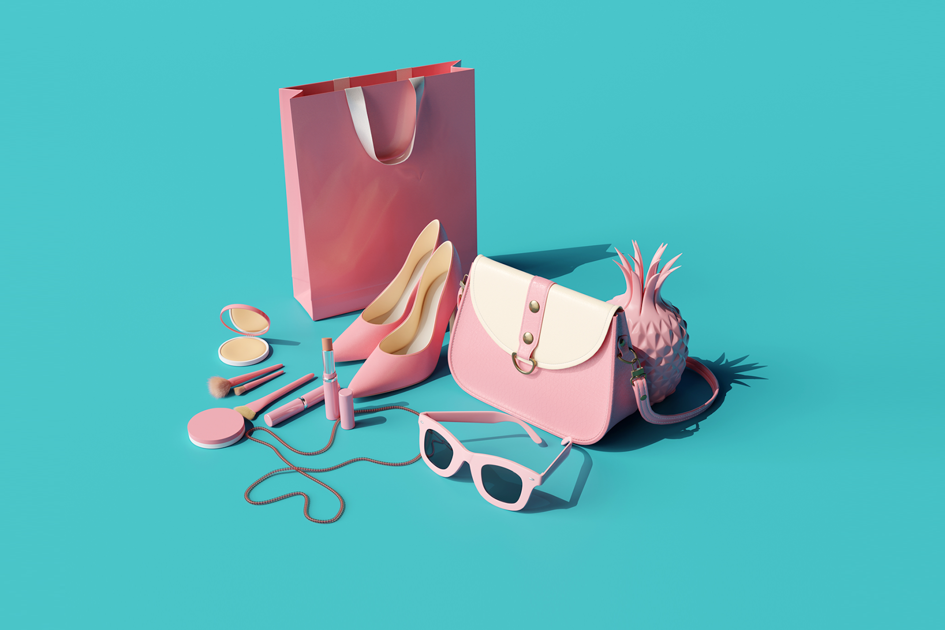 A pile of accessories, including bags, shoes, and sunglasses, sit grouped together against a blue background in this image for a Meltwater analysis of New York Fashion Week 2024.