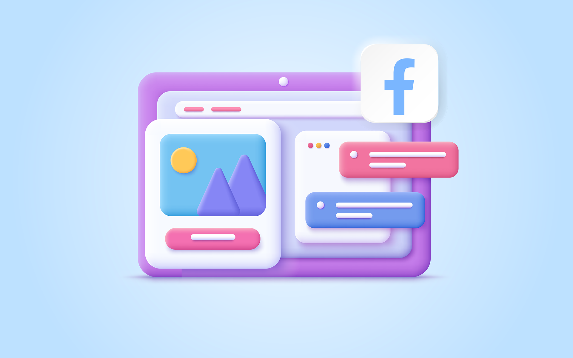 An illustration showing a large computer screen with a Facebook profile pulled up. Blog post image for how to create a Facebook business page