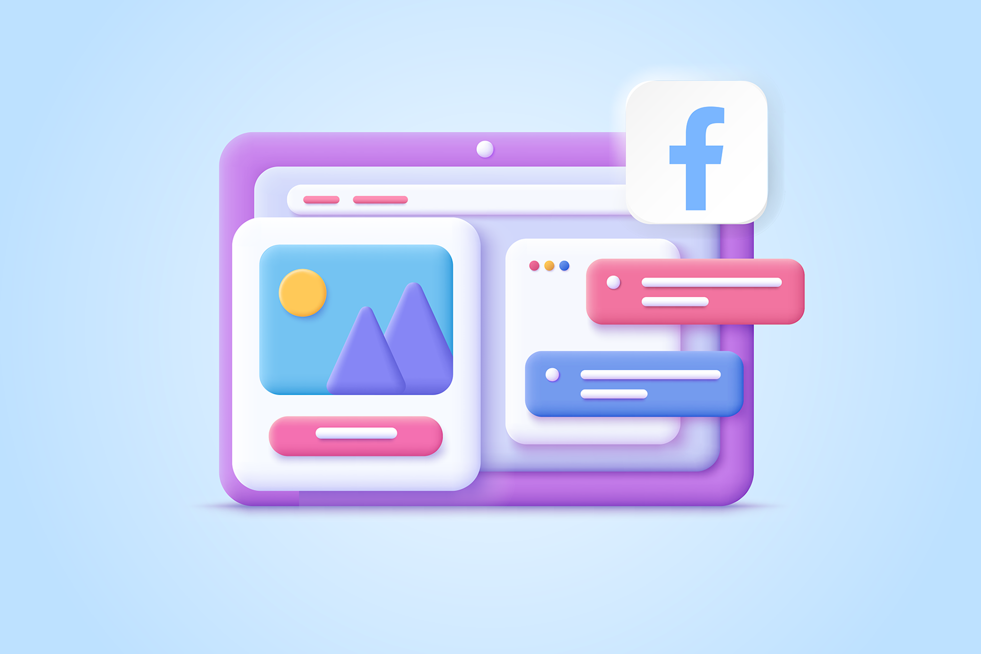 An illustration showing a large computer screen with a Facebook profile pulled up. Blog post image for how to create a Facebook business page