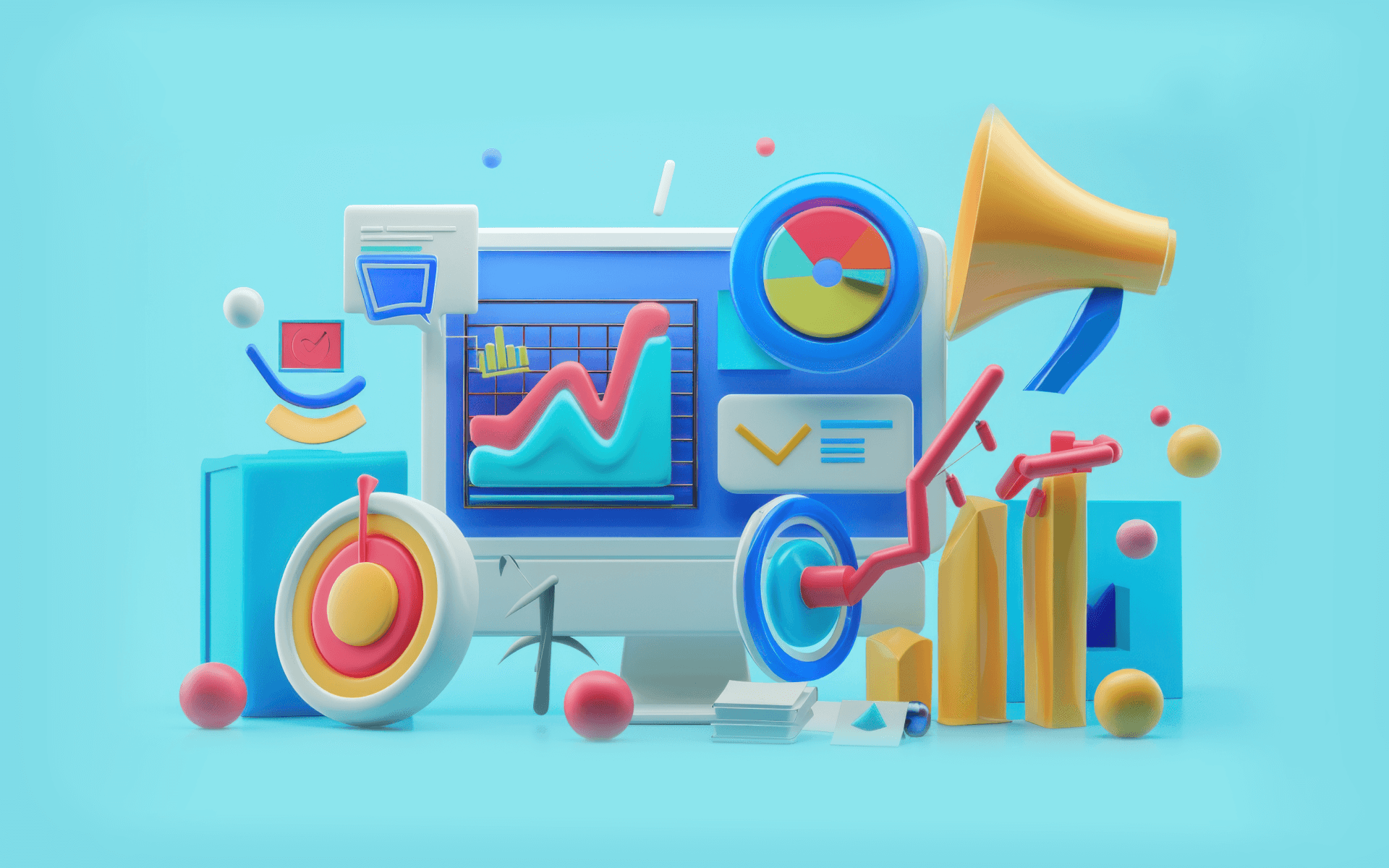 une illustration d'un écran d'ordinateur portable avec une variété d'icônes et de données représentant l'analyse contextuelle