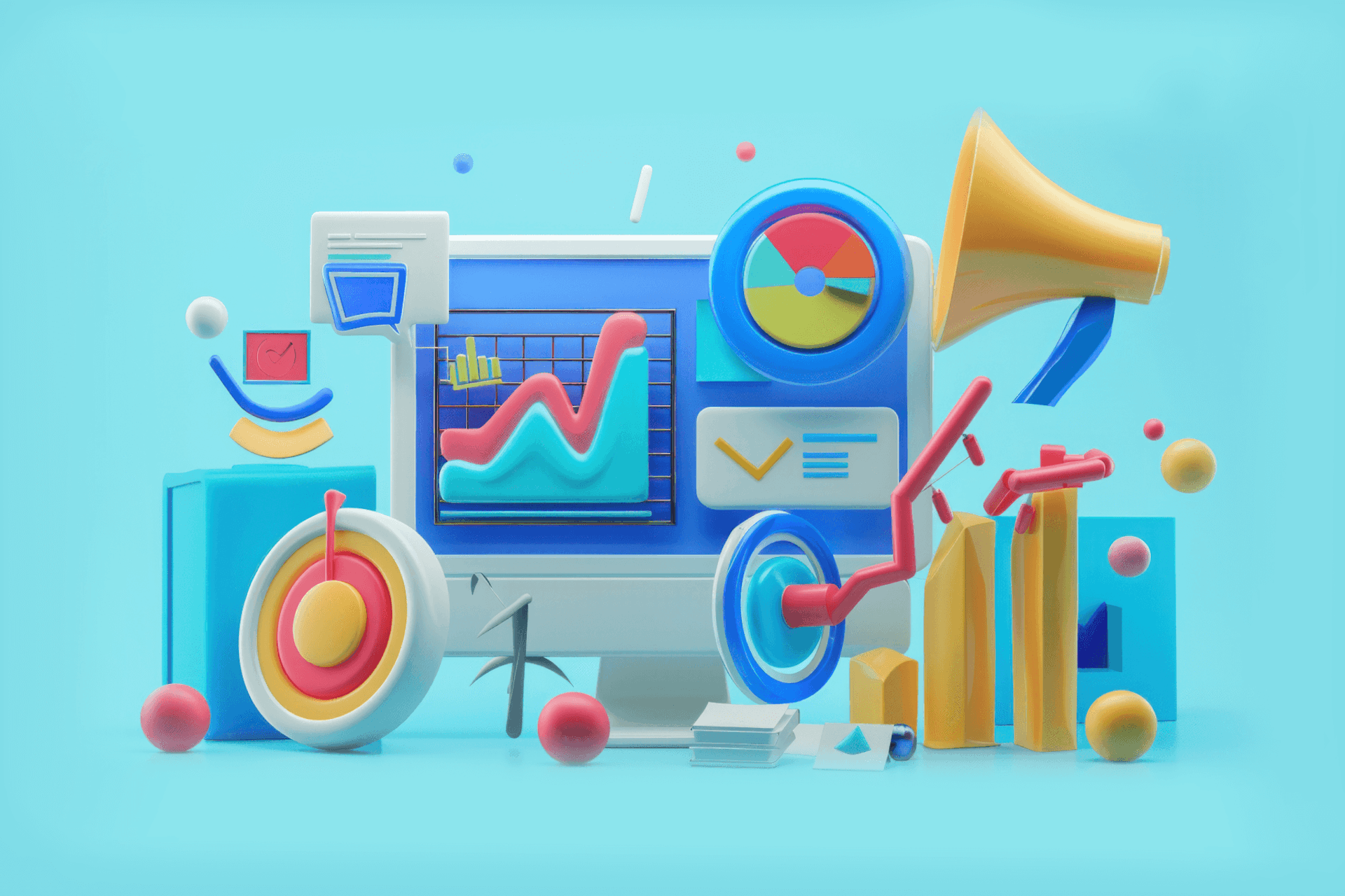 an illustration of a laptop monitor with a variety of icons and data representing Contextual Analysis