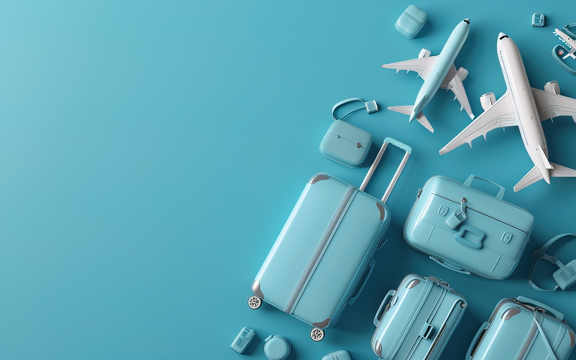 A collection of blue luggage and airplanes in this image for a Meltwater social listening blog about overtourism.