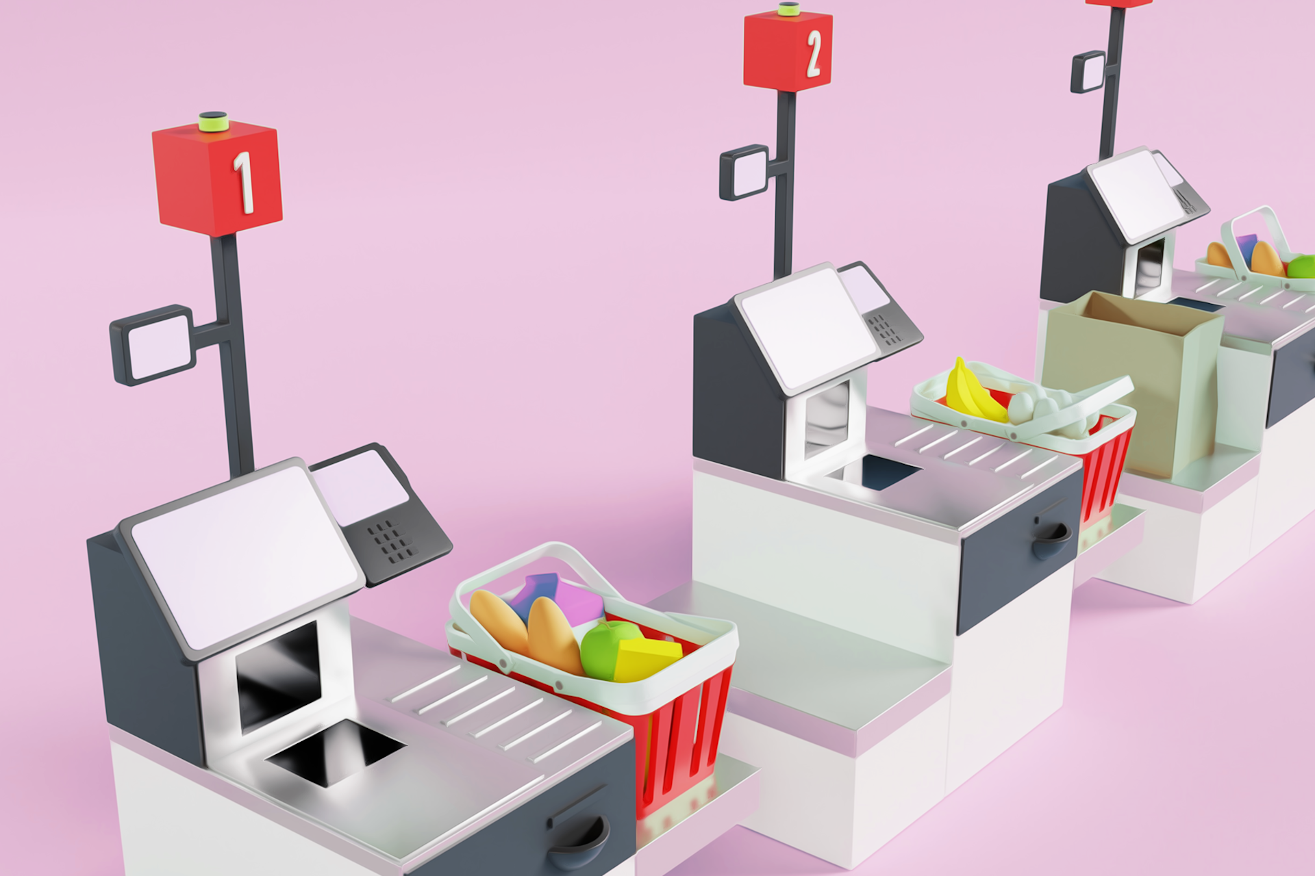 A row of three self-checkout machines against a pink background for a Meltwater social listening blog about self-checkout