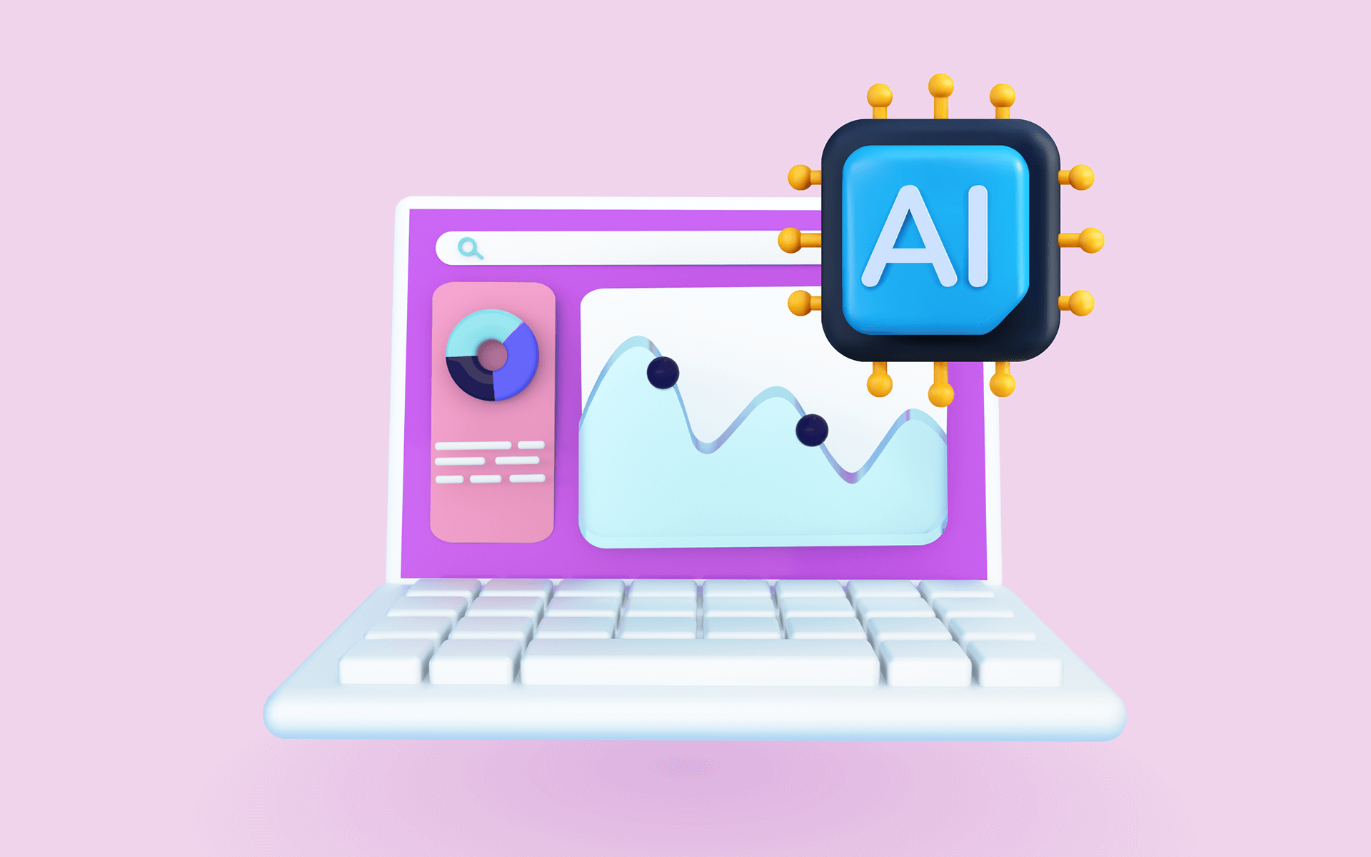 illustration of a laptop with charts and an AI computer chip representing how AI in social listening and monitoring works