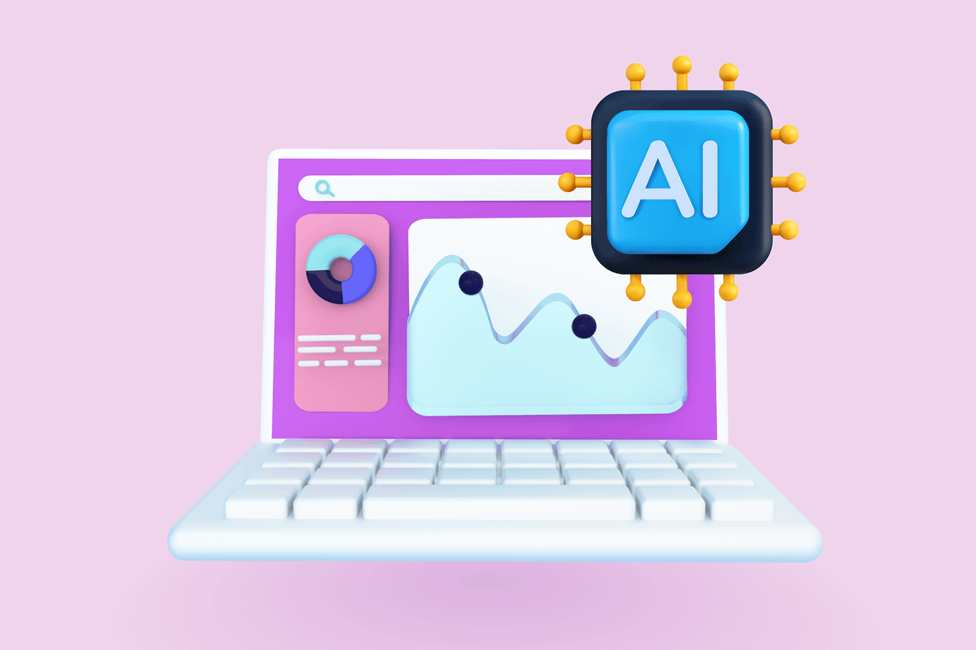 illustration d'un ordinateur portable avec des graphiques et une puce informatique représentant le fonctionnement de l'intelligence artificielle dans le domaine de l'écoute et du suivi social.