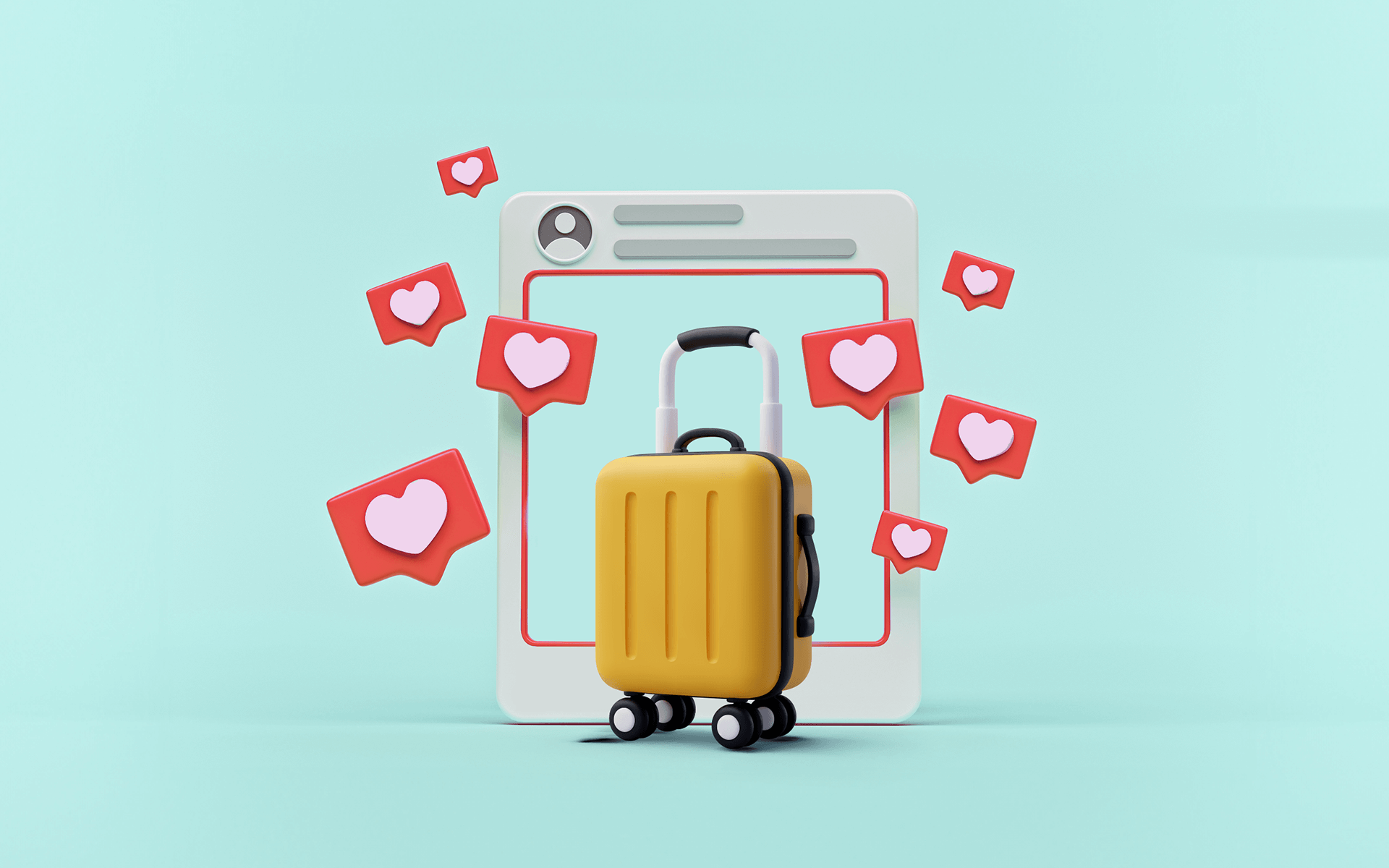 illustration of a rolling suitcase surrounded by Instagram "like" icons representing travel influencers
