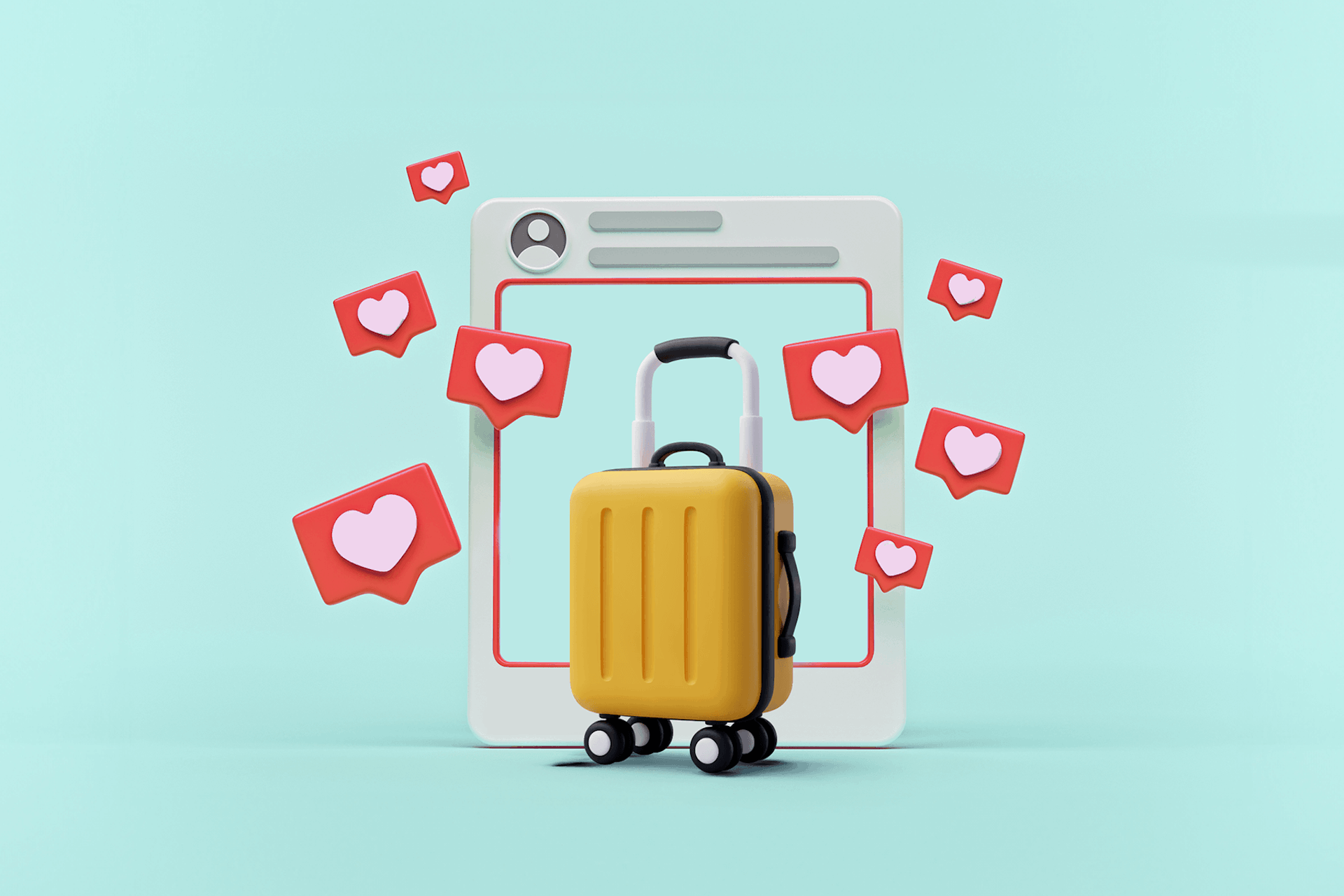 illustration of a rolling suitcase surrounded by Instagram "like" icons representing travel influencers