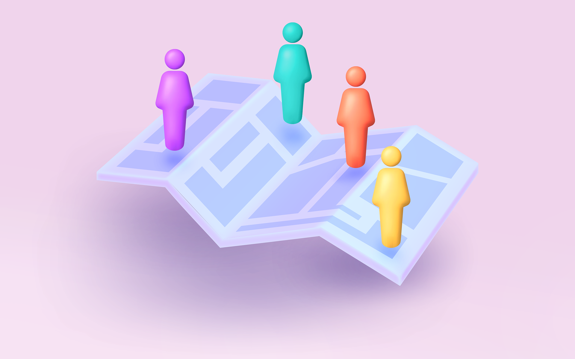 An illustration of a map laid out flat with four people icons in different colors floating on top of different parts of the map. The far left corner person is purple, followed to the right by a teal person, orange, and yellow. They represent the different personas your company would map out to improve marketing ROI.