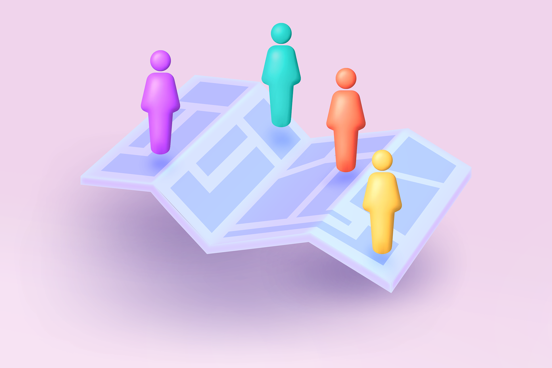 An illustration of a map laid out flat with four people icons in different colors floating on top of different parts of the map. The far left corner person is purple, followed to the right by a teal person, orange, and yellow. They represent the different personas your company would map out to improve marketing ROI.