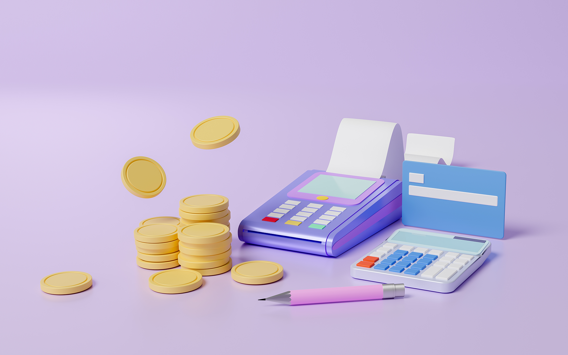Gold coins on a flat surface next to a calculator, a point of sale device, a credit card and a pen for a Meltwater social listening blog about how consumers talk about budgeting and saving money on social media.