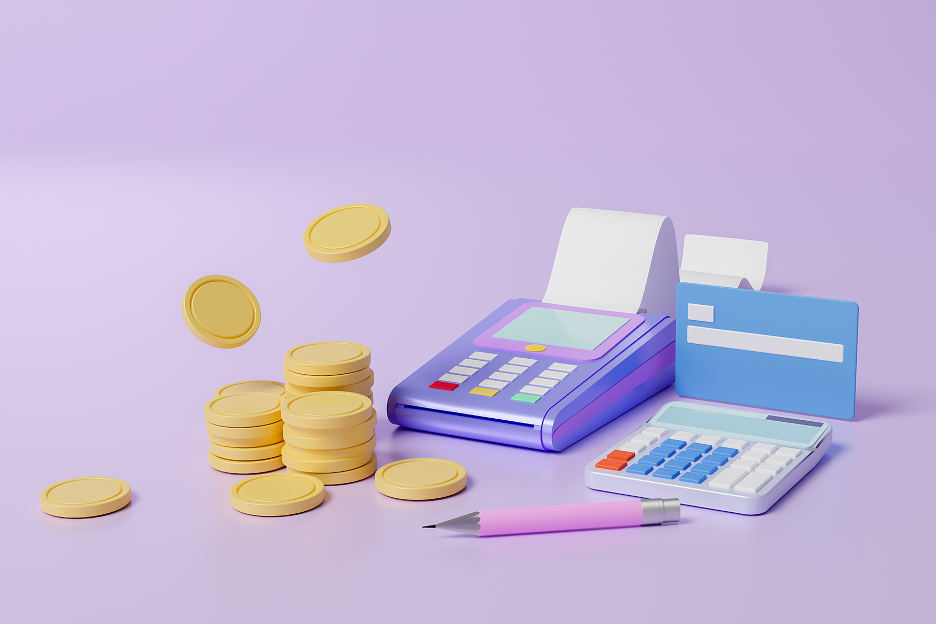 Gold coins on a flat surface next to a calculator, a point of sale device, a credit card and a pen for a Meltwater social listening blog about how consumers talk about budgeting and saving money on social media.