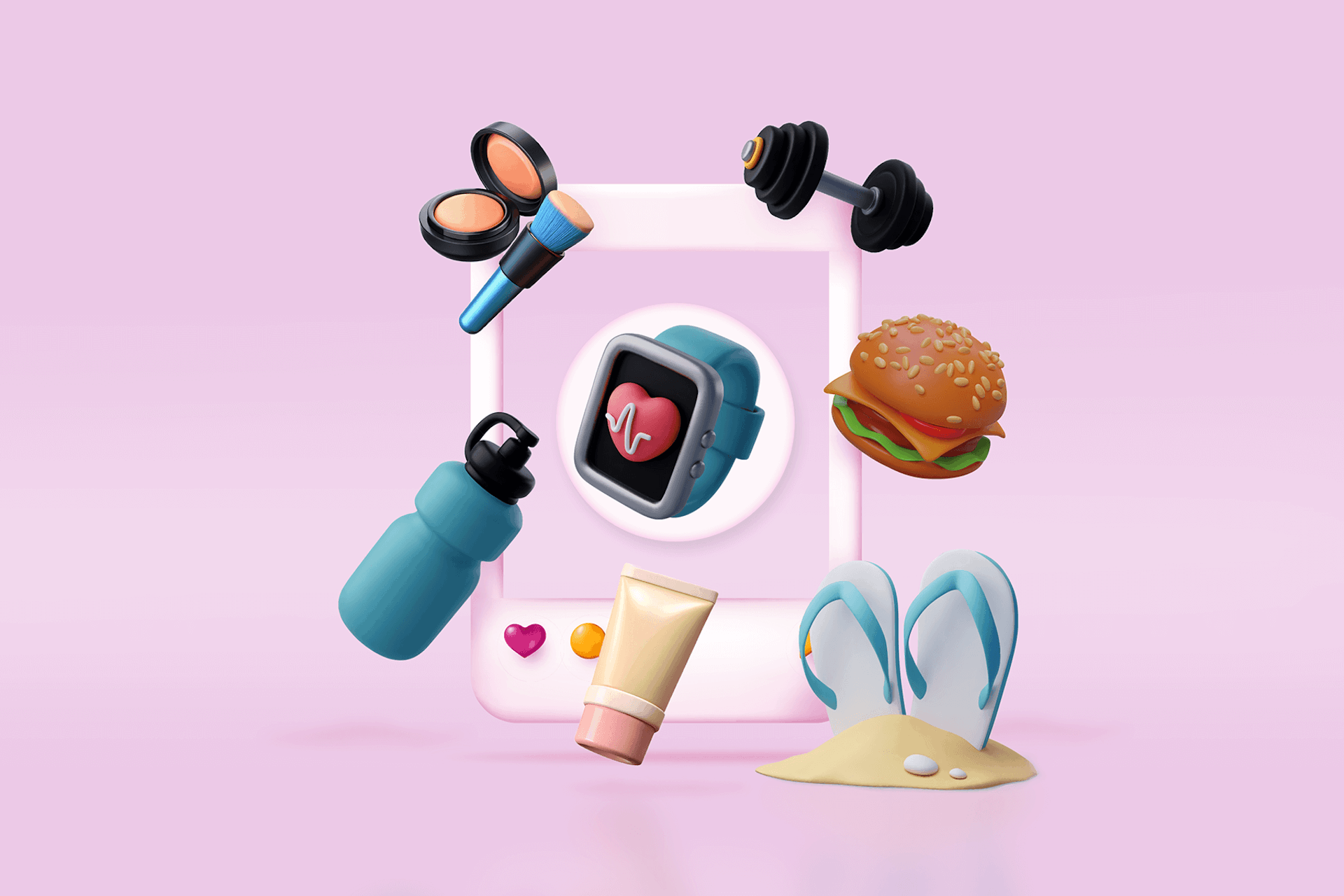 illustration of an Instagram profile frame surrounded by different elements for food, fitness, beauty, and travel, representing a list of micro-influencers