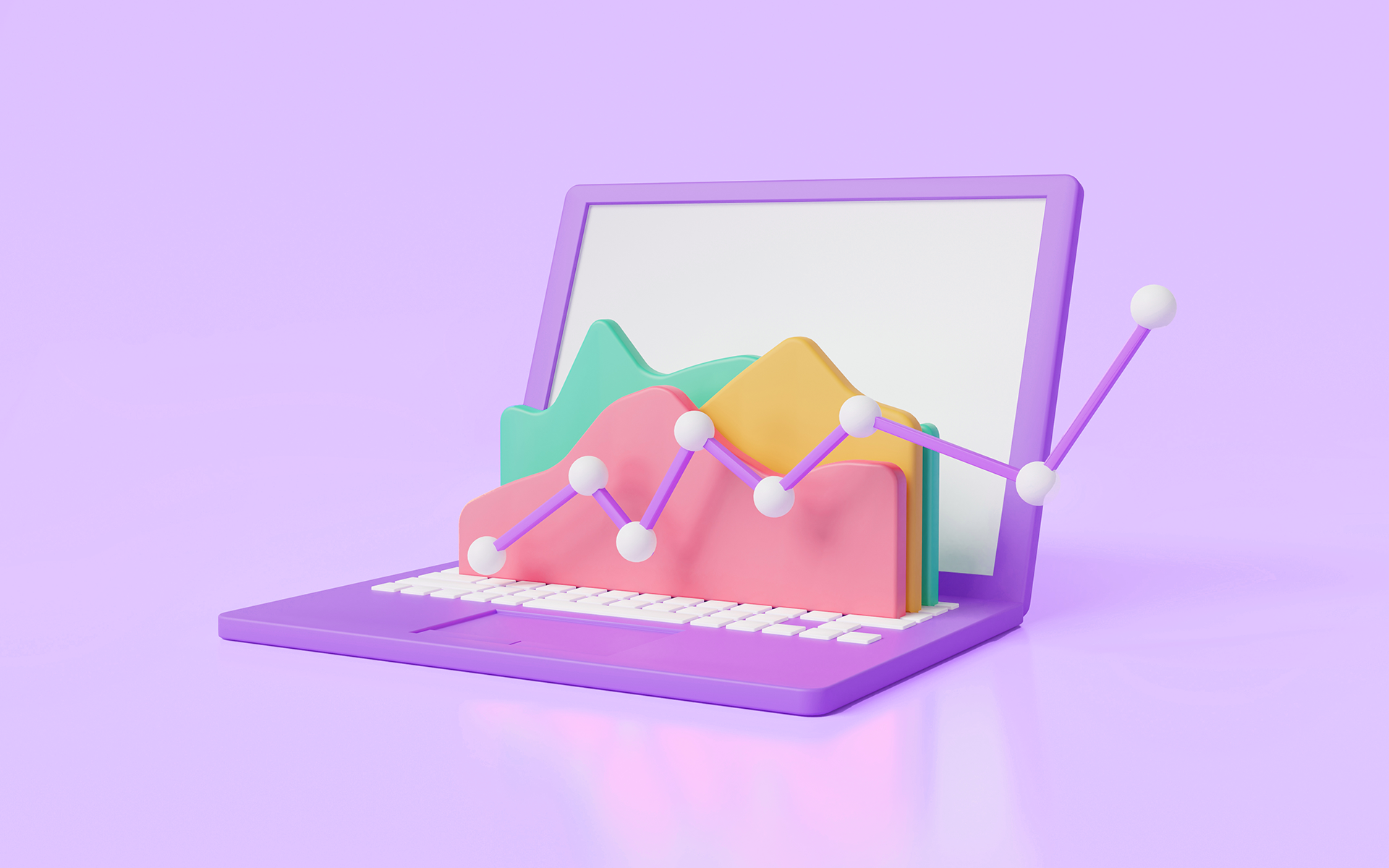 An illustration showing a purple laptop on a pale purple background. The laptop has a graph with multiple colors and a trend line going up and to the right. Writing a marketing plan blog post.