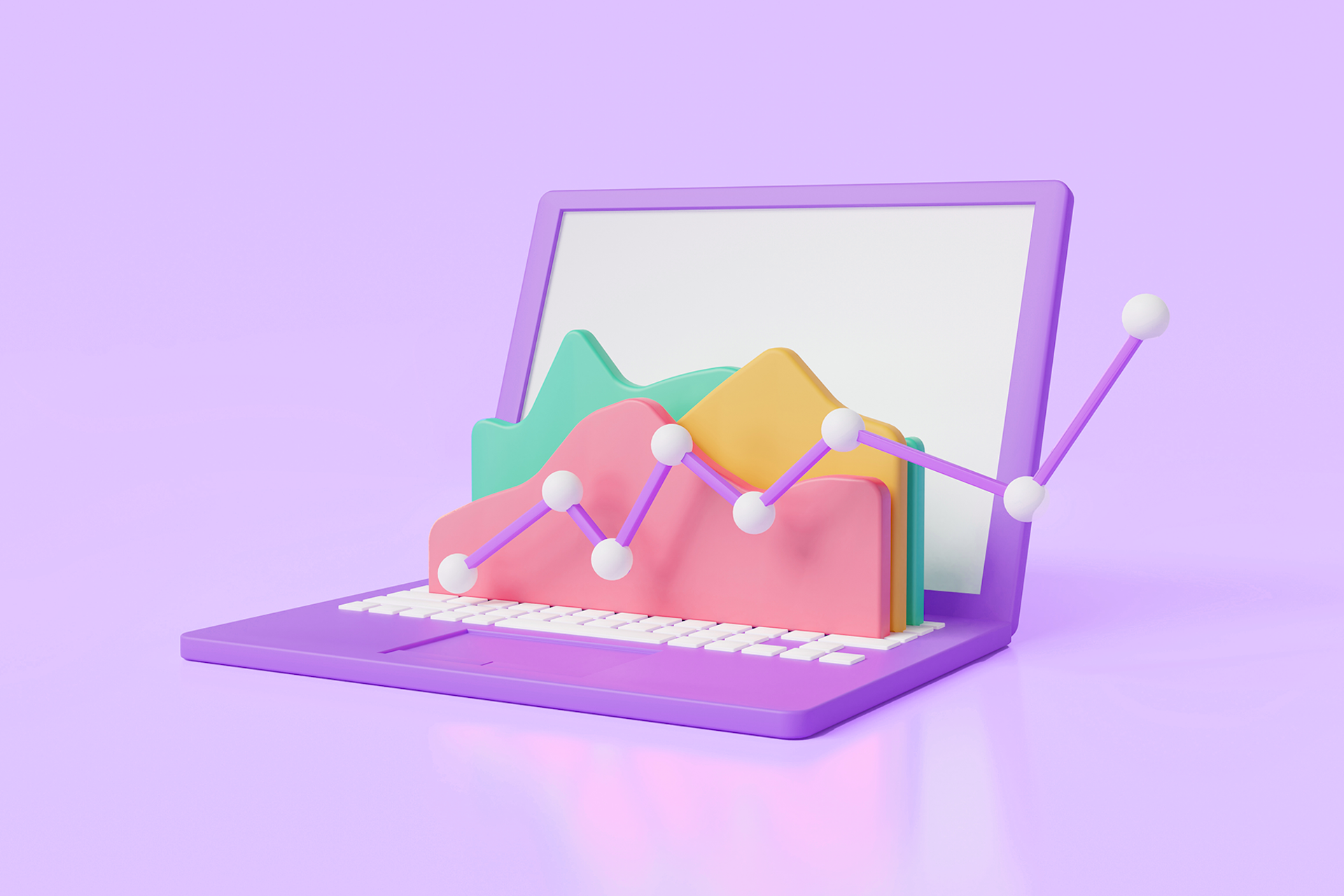 An illustration showing a purple laptop on a pale purple background. The laptop has a graph with multiple colors and a trend line going up and to the right. Writing a marketing plan blog post.