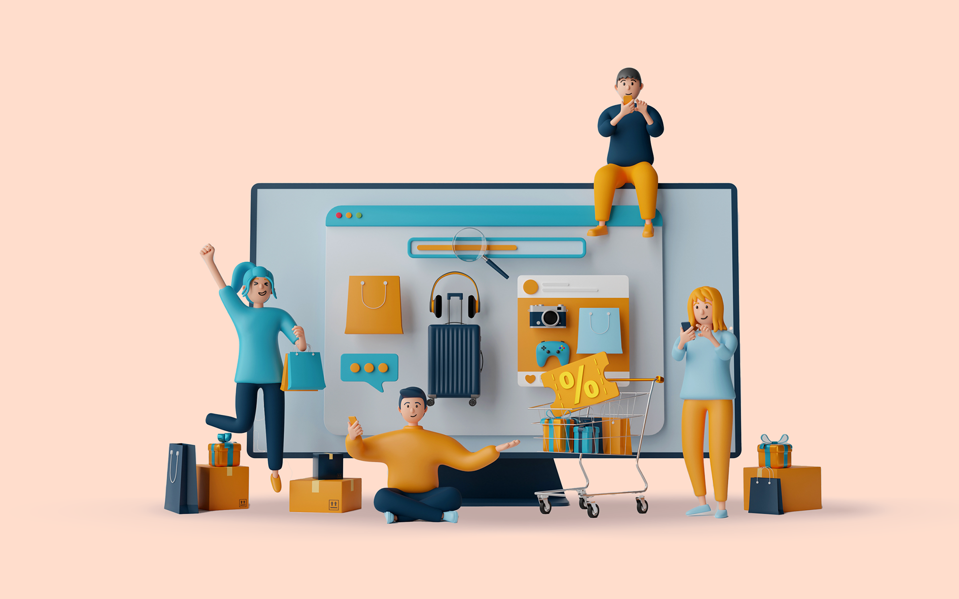 Illustration showing a desktop computer with all different types of products and customers and purchase icons in front. How to market a product blog post.