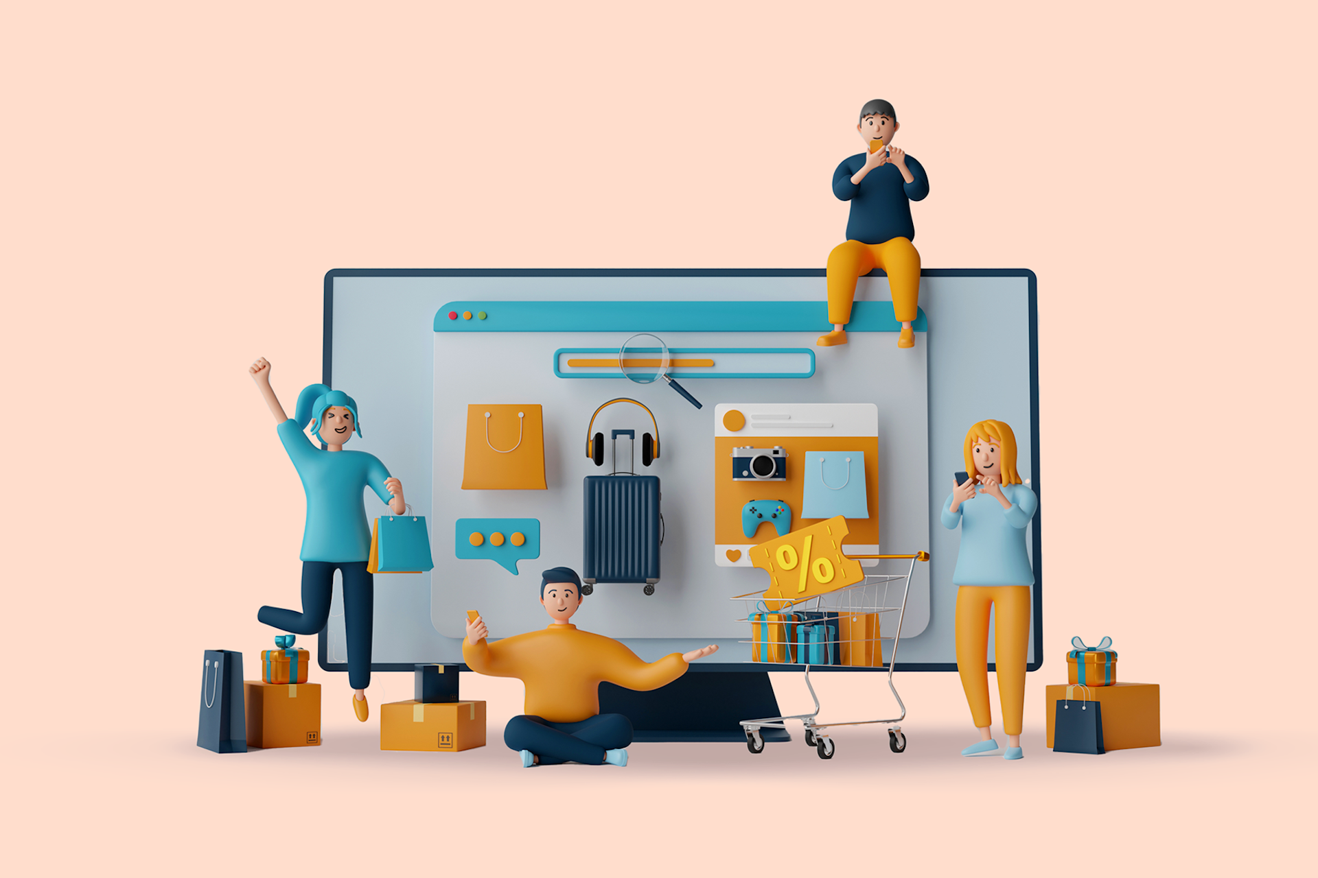 Illustration showing a desktop computer with all different types of products and customers and purchase icons in front. How to market a product blog post.