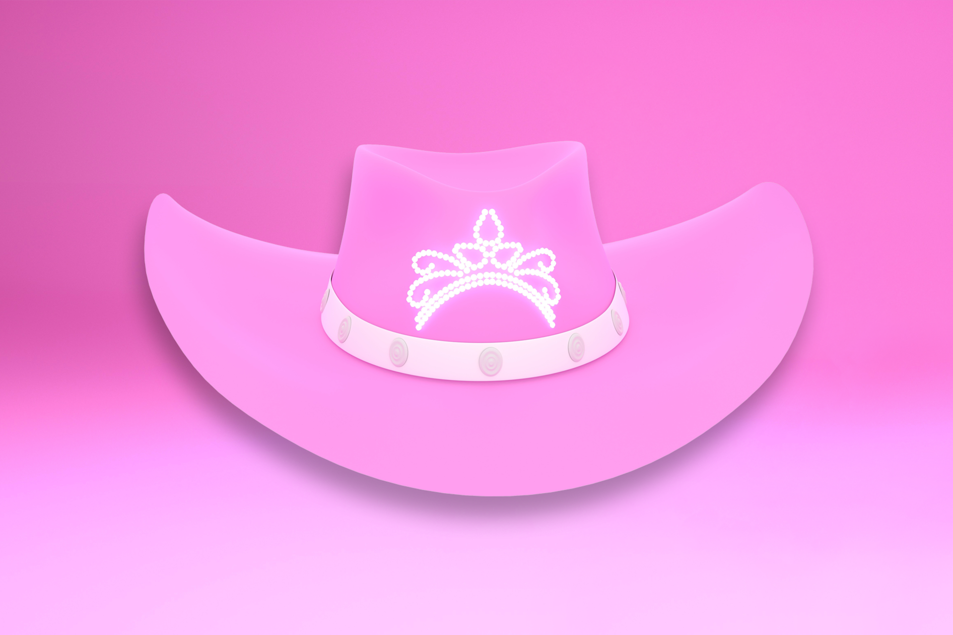 A pink cowboy hat with a tiara on it against a pink background for a Meltwater social listening blog about Chappell Roan.