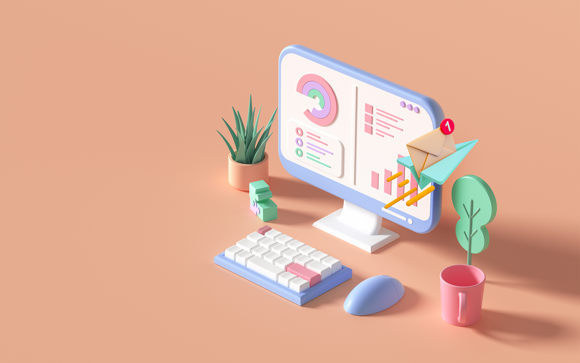 illustration of a desktop computer showing pie charts and graphs representing campaign management software