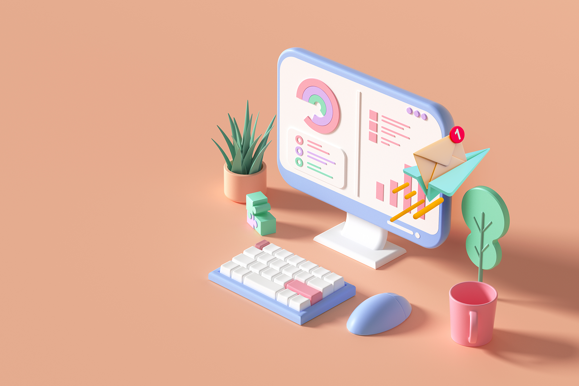 illustration of a desktop computer showing pie charts and graphs representing campaign management software