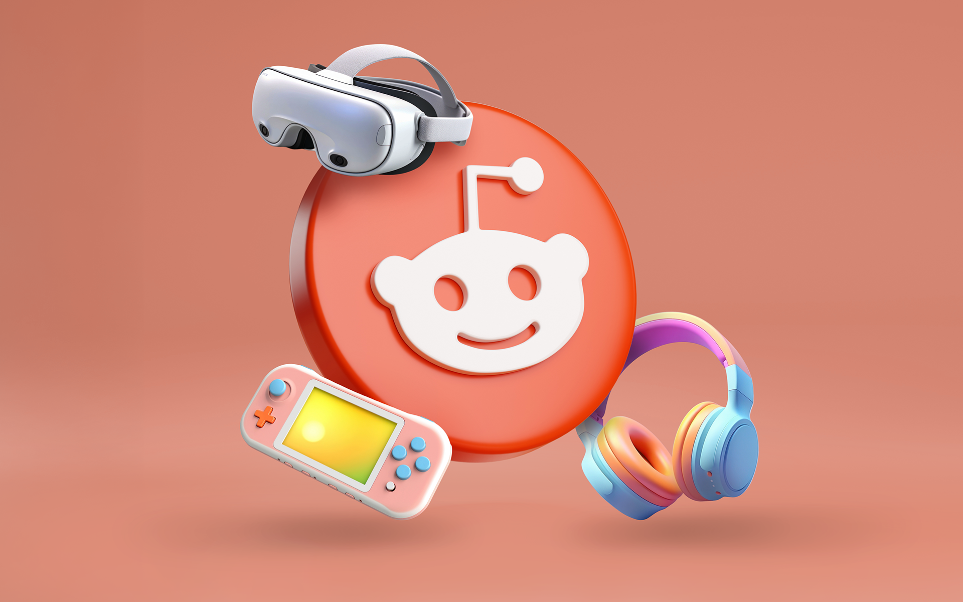 The Reddit logo surrounded by a VR headset, headphones, and a handheld gaming device for a Meltwater data analysis blog about consumer electronics on Reddit.