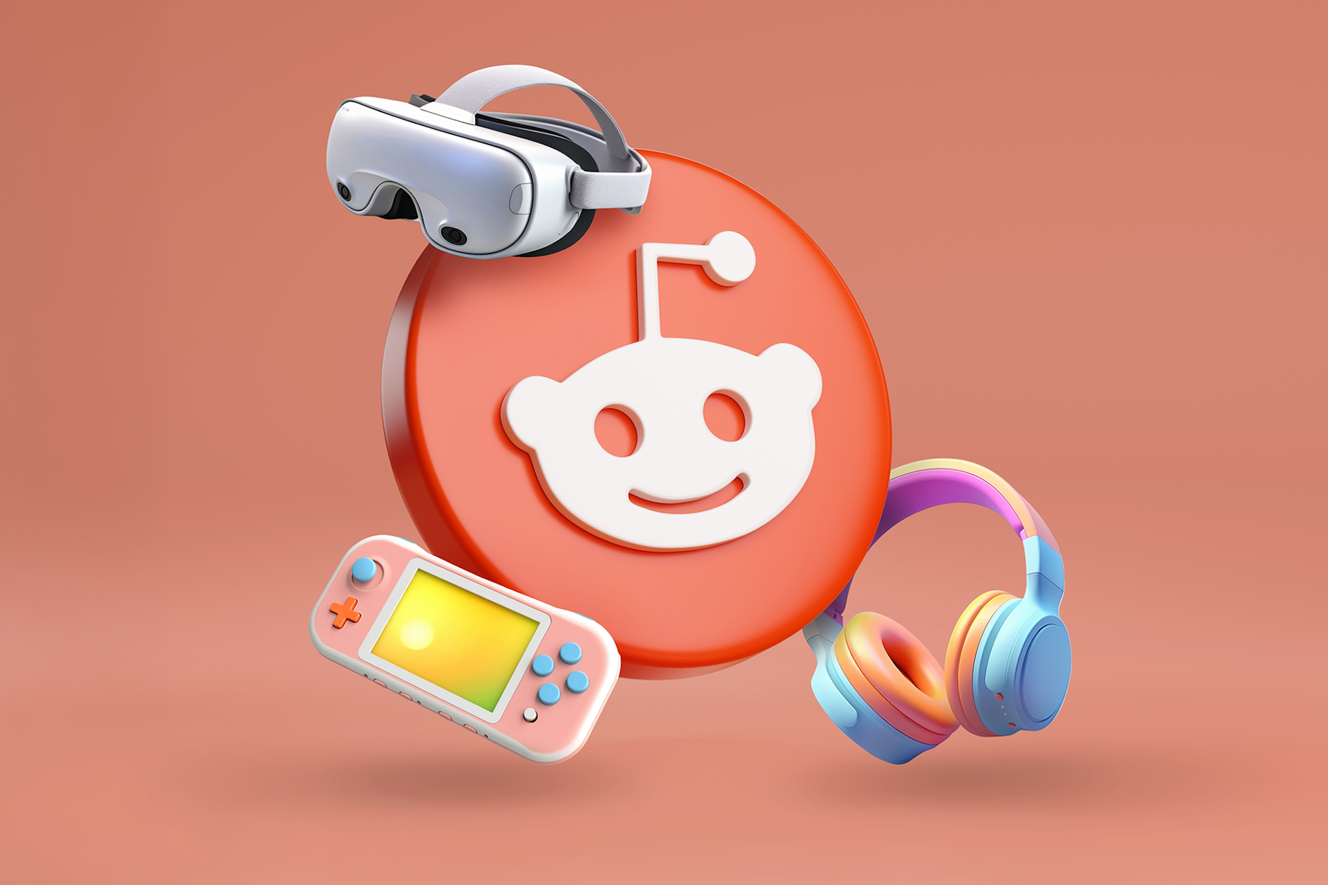 The Reddit logo surrounded by a VR headset, headphones, and a handheld gaming device for a Meltwater data analysis blog about consumer electronics on Reddit.