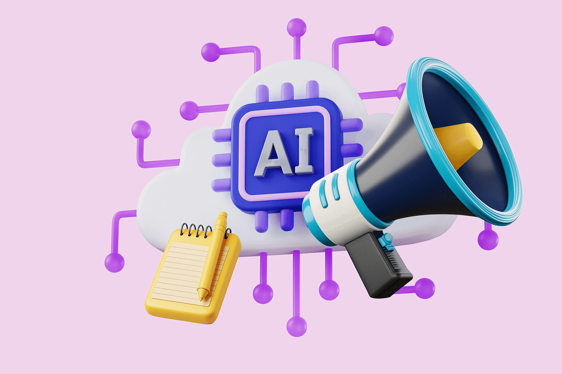 illustration d'une puce d'IA connectée à un bloc-notes et à un mégaphone représentant les meilleurs outils d'IA pour la RP