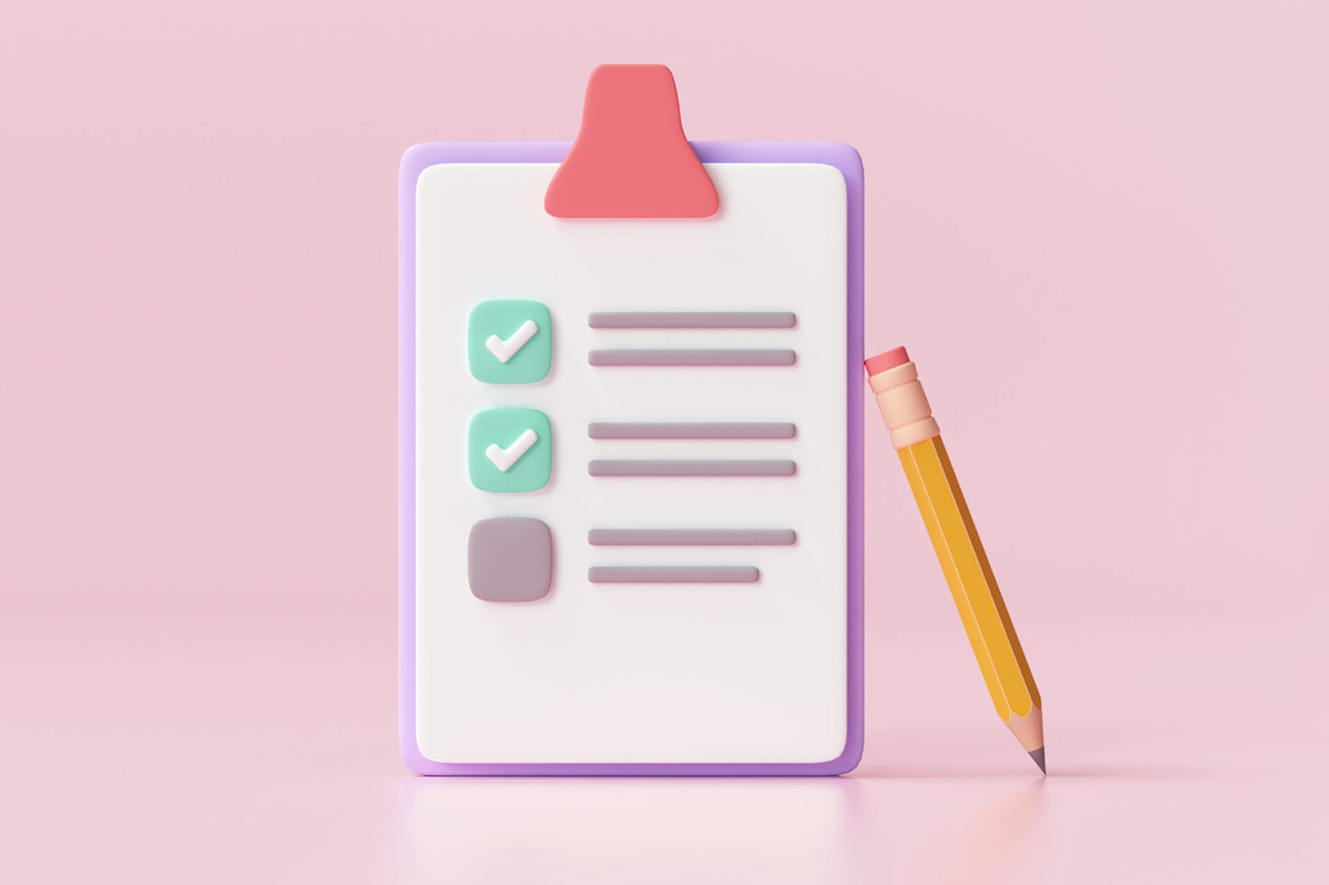 Cartoon image of clipboard with checklist and pencil against a pink background. Main image for blog post on creating a media database for maximum PR ROI