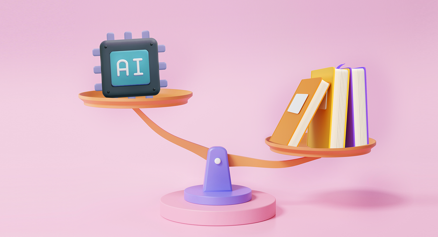 An image of a cartoon-style scale that is balancing a set of books on one end and a microchip that says "AI" on the other. The books are heavier than the microchip, suggesting that ethics and safety will play a significant role in the development of AI