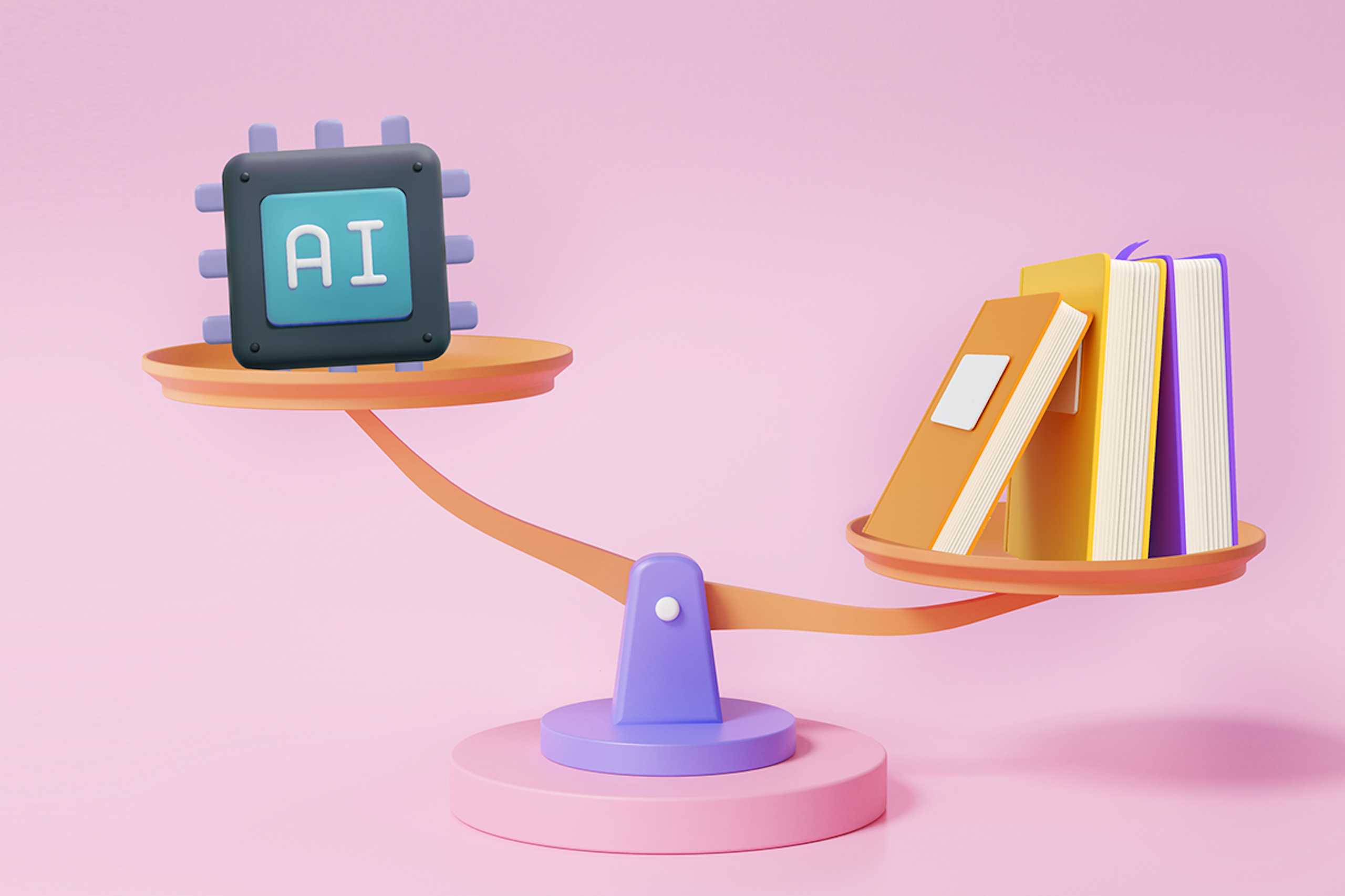 An image of a cartoon-style scale that is balancing a set of books on one end and a microchip that says "AI" on the other. The books are heavier than the microchip, suggesting that ethics and safety will play a significant role in the development of AI