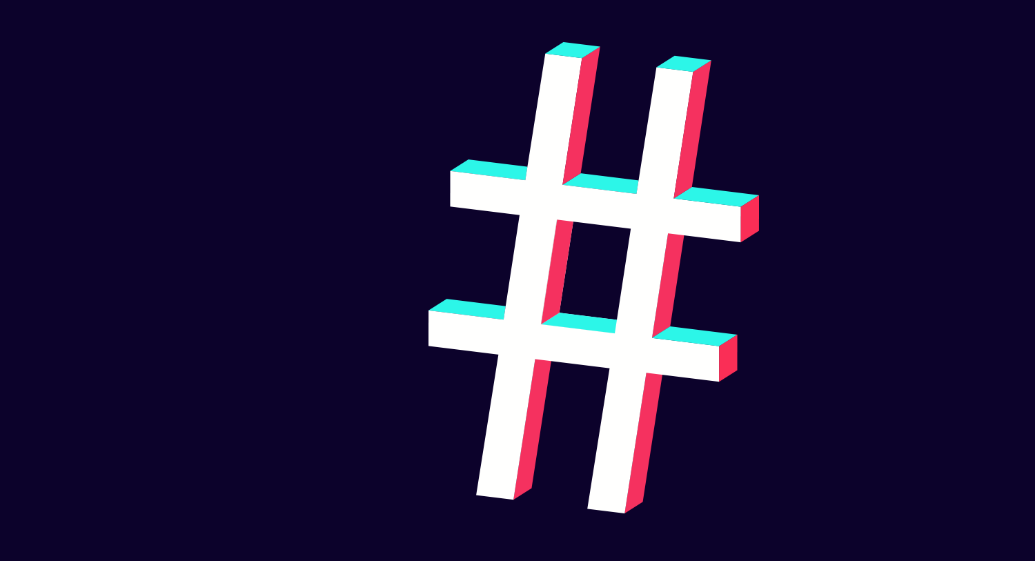Large hashtag symbol in TikTok logo colors, bright teal and bright pink, on black background. TikTok hashtag strategy blog post.