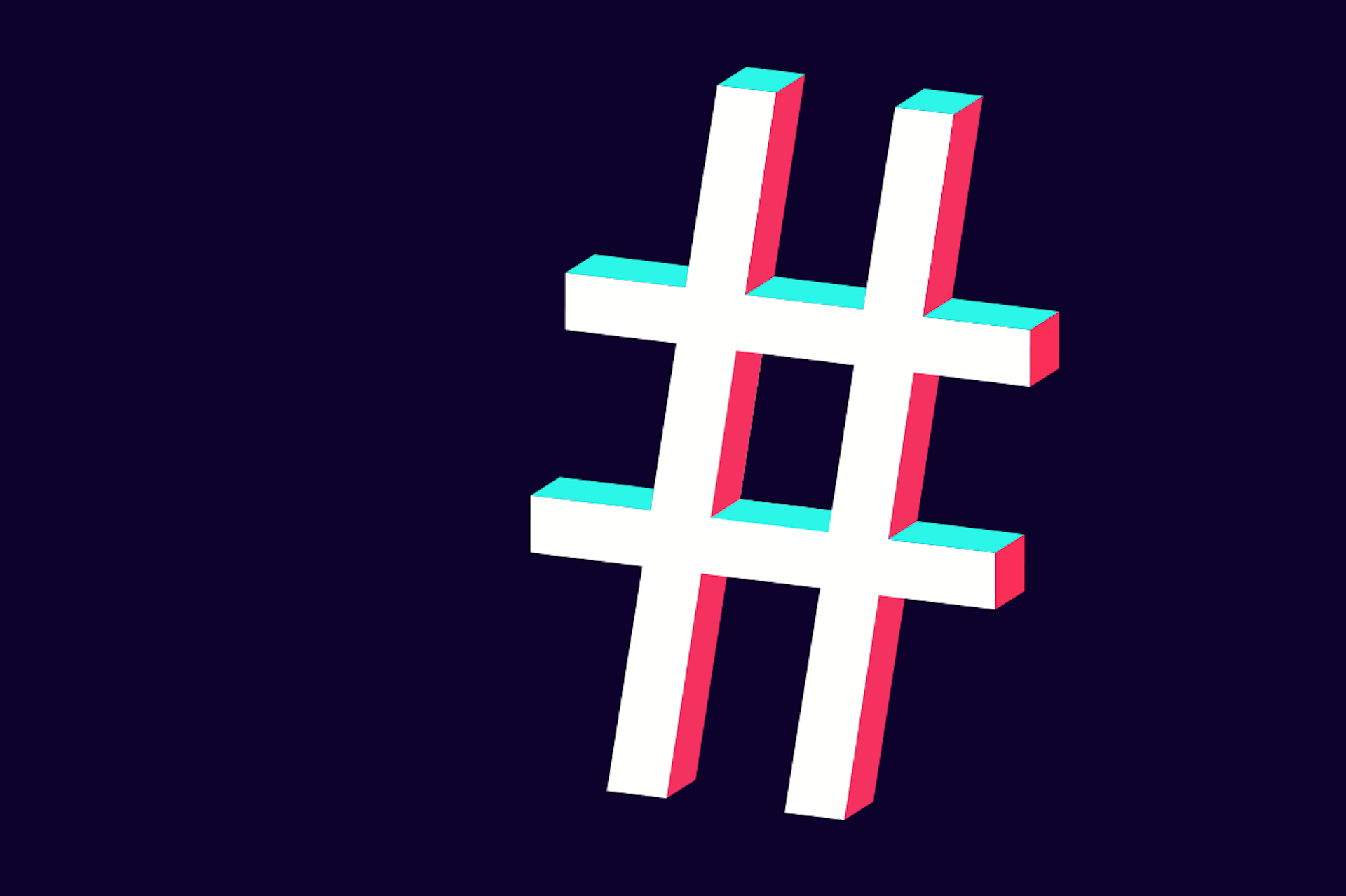 Großes Hashtag-Symbol in den Farben des TikTok-Logos, helles Petrol und helles Rosa, auf schwarzem Hintergrund. TikTok hashtag strategy blog post.