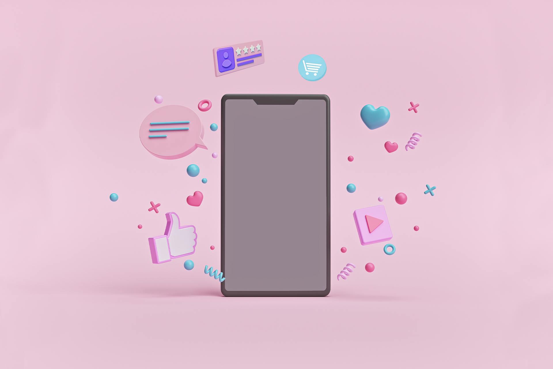 An illustrated version of a smartphone with confetti and social media iconography, like a heart and a Facebook like button, floating around the phone. These celebratory symbols and icons represent the engagement notifications a community manager would hope to see after implementing a new social media marketing strategy. 
