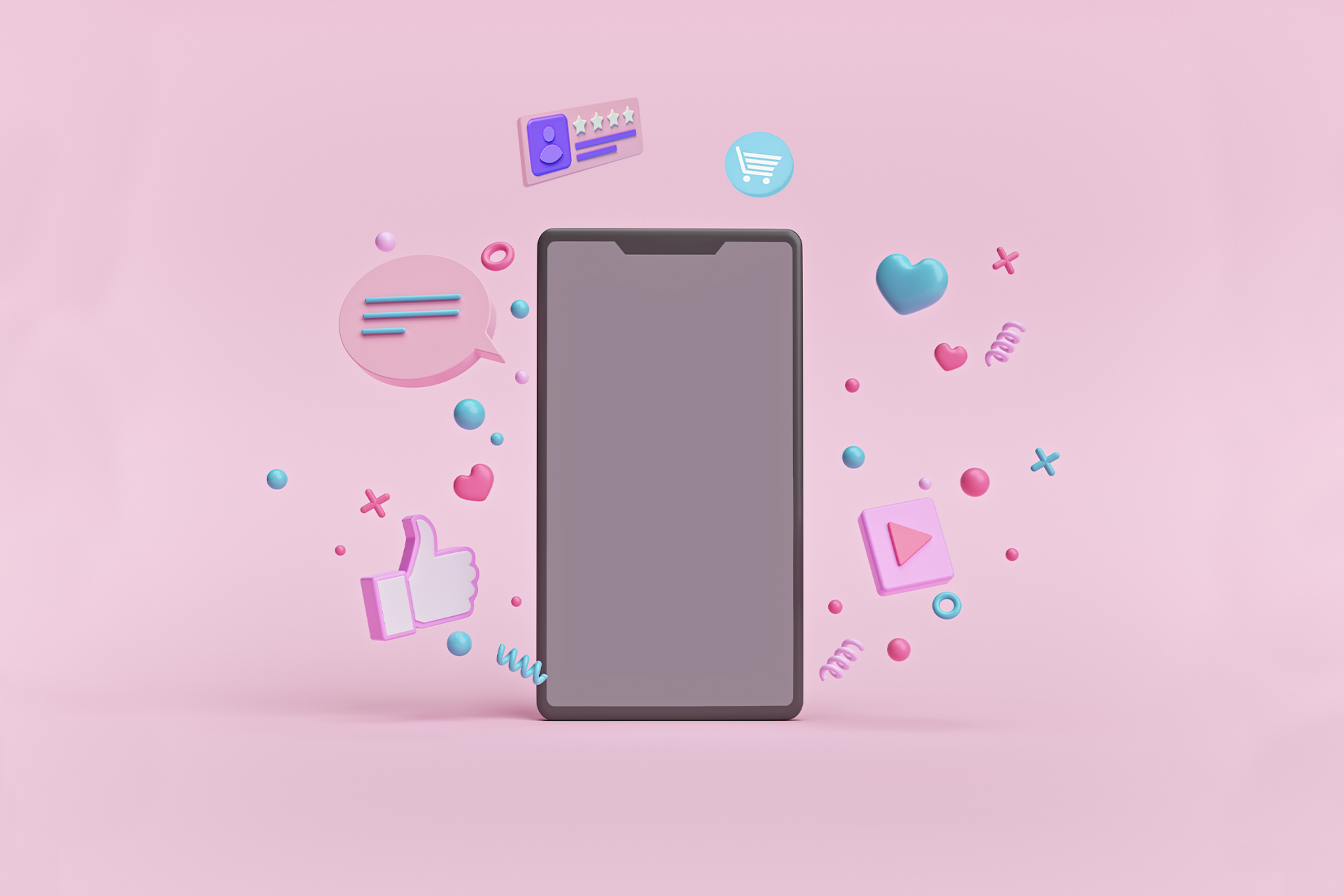 Une version illustrée d’un smartphone avec des confettis et une iconographie de médias sociaux, comme un cœur et un bouton J’aime de Facebook, flottant autour du téléphone. Ces symboles et icônes festifs représentent les notifications d’engagement qu’un gestionnaire de communauté espère voir apparaître après la mise en œuvre d’une nouvelle stratégie de marketing des médias sociaux.