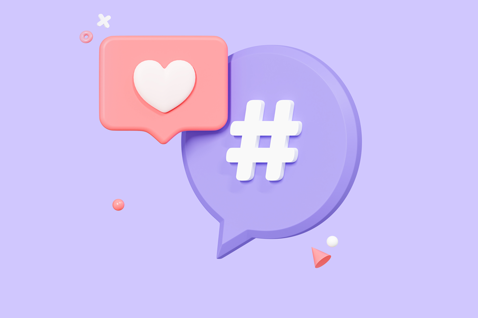 Illustration showing a large hashtag symbol in a speech bubble next to a smaller like symbol, on a purple background. header mage for best hashtags for followers blog post 