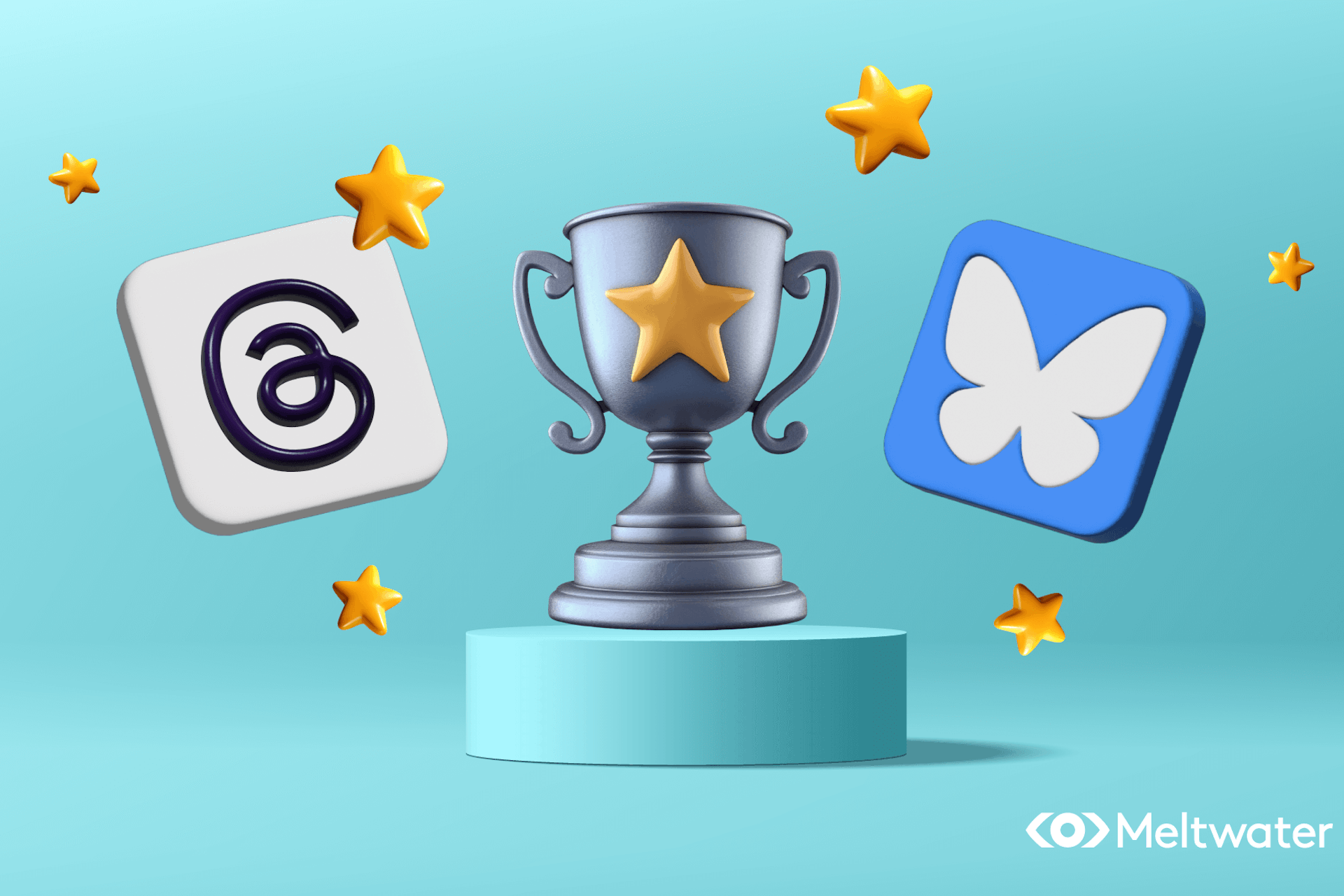 illustration of the Threads logo and the Bluesky logo on either side of a silver trophy representing bluesky vs. threads