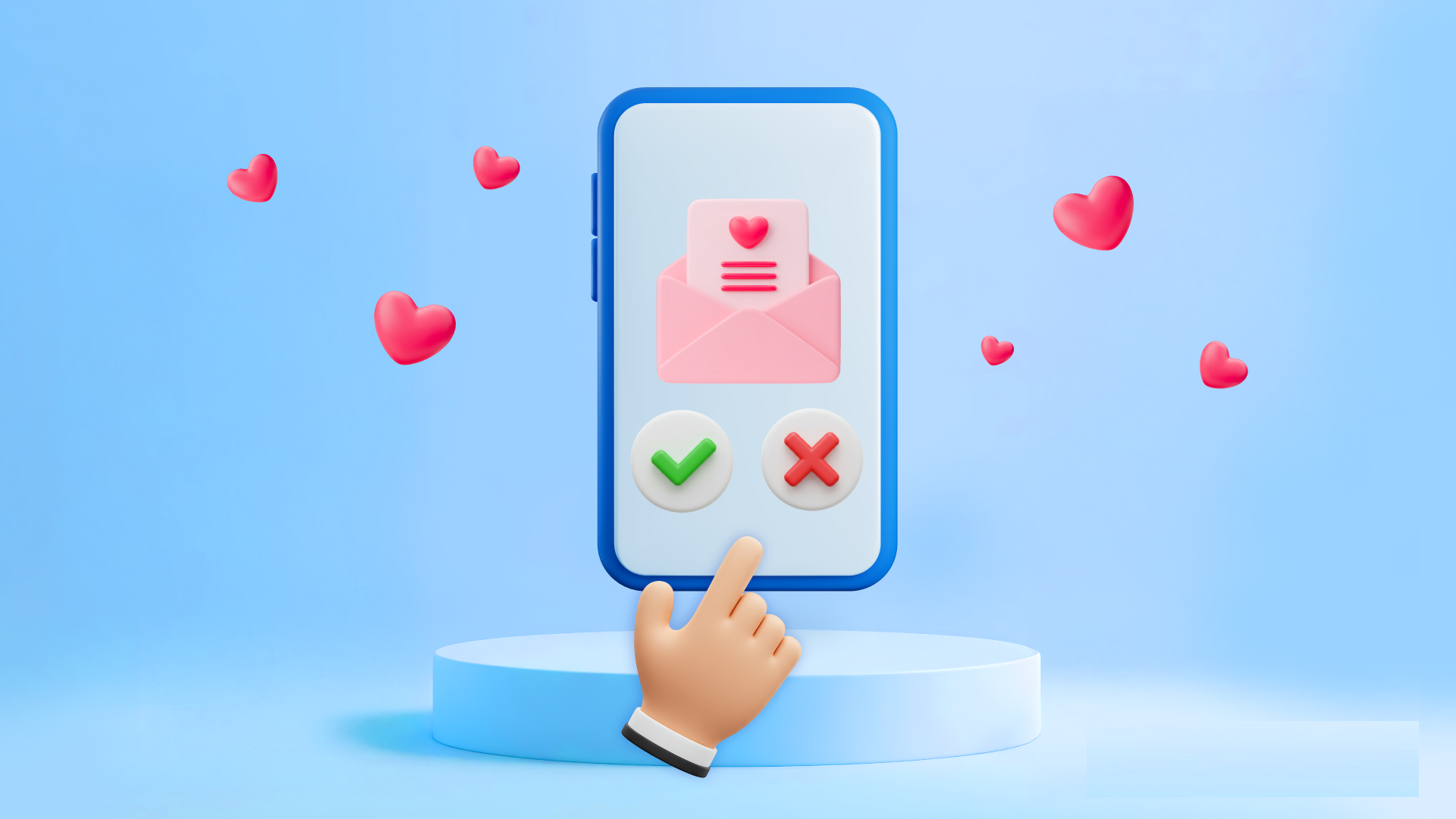 A hand hovers between a green check and a red x below a love letter on a smartphone screen