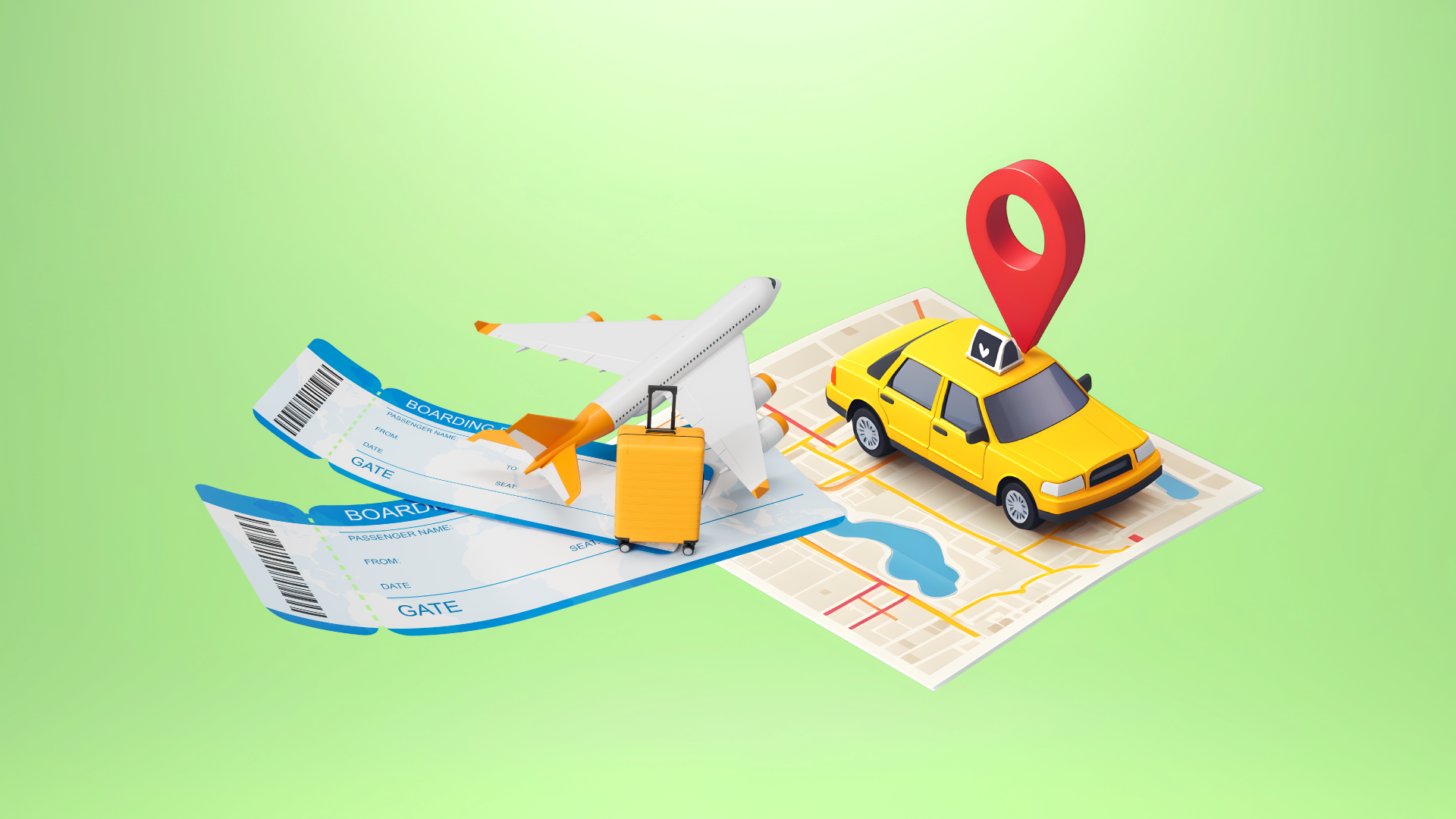 Tickets, a rolling suitcase, and an airplane soar to a rideshare car with a location icon above it