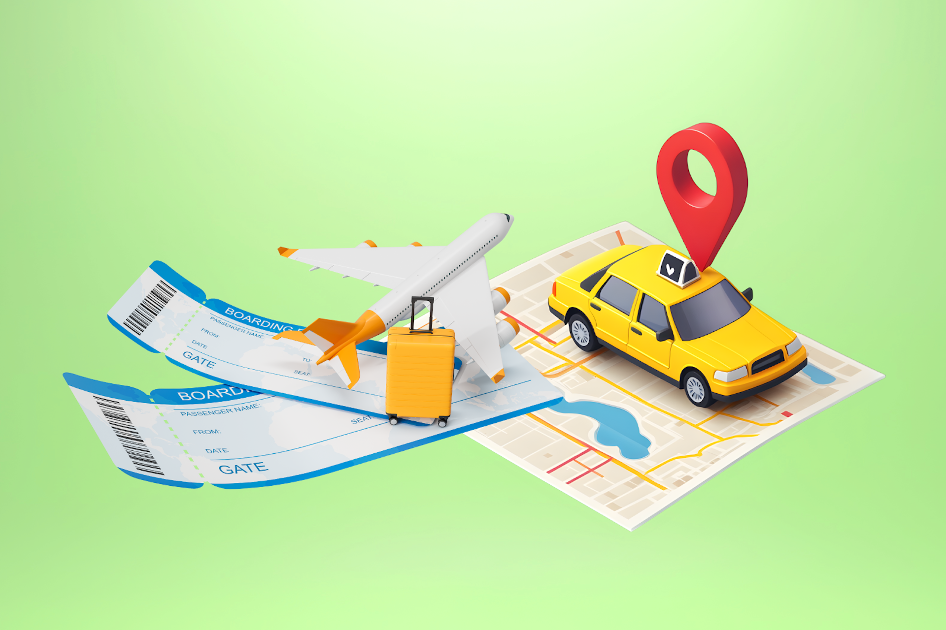 Tickets, a rolling suitcase, and an airplane soar to a rideshare car with a location icon above it