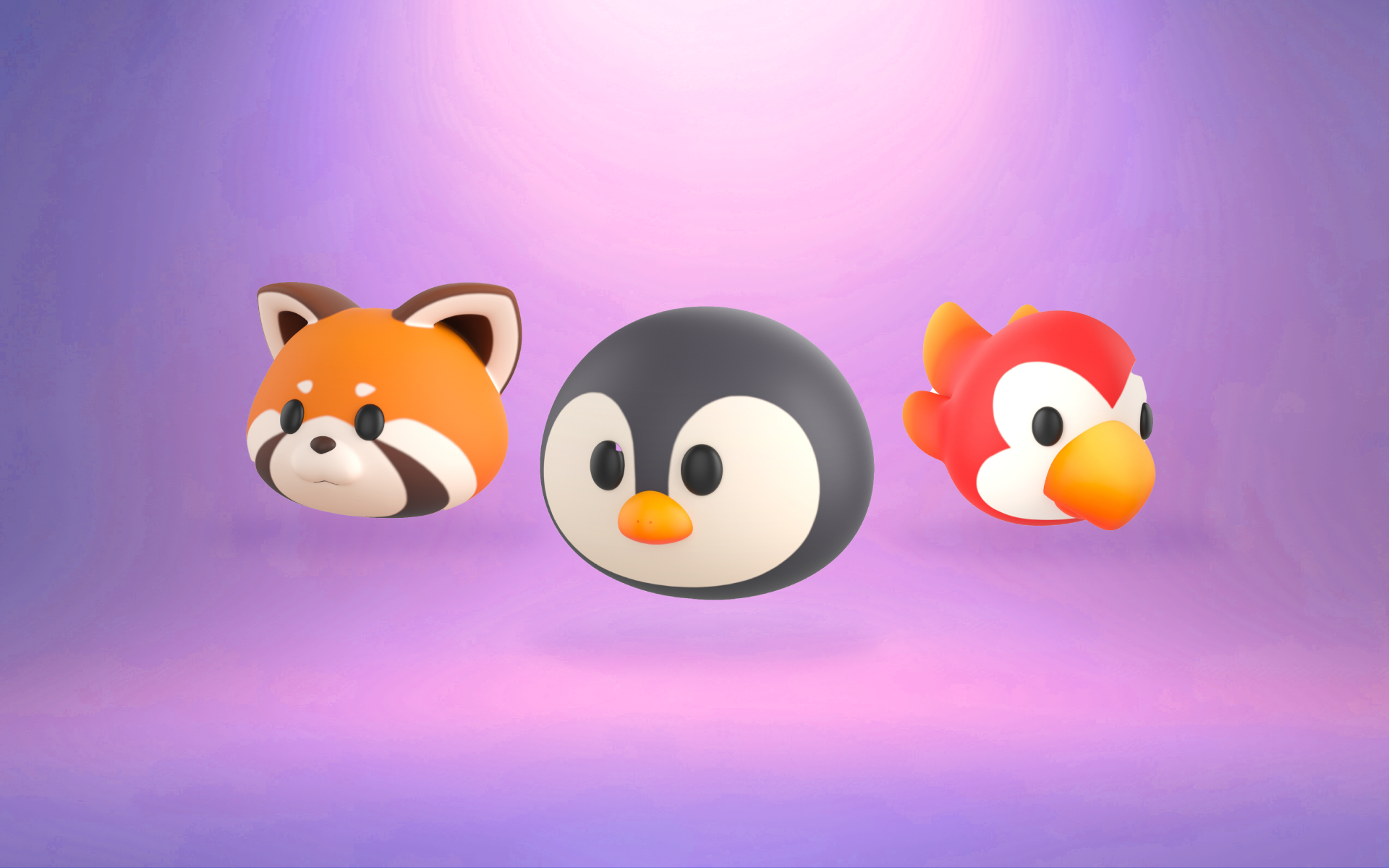 A fox, penguin, and parrot mascot heads float against a purple background