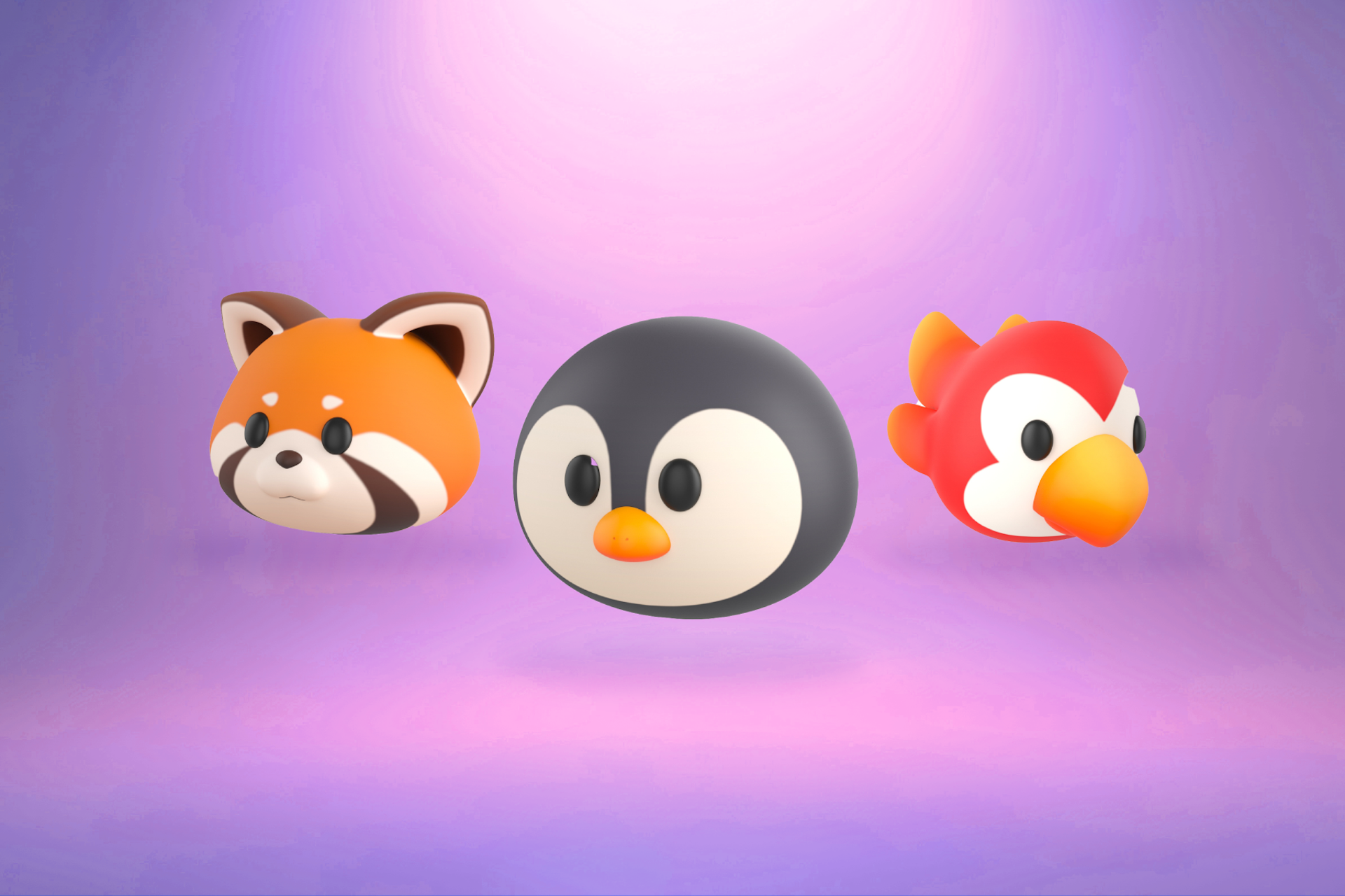 A fox, penguin, and parrot mascot heads float against a purple background
