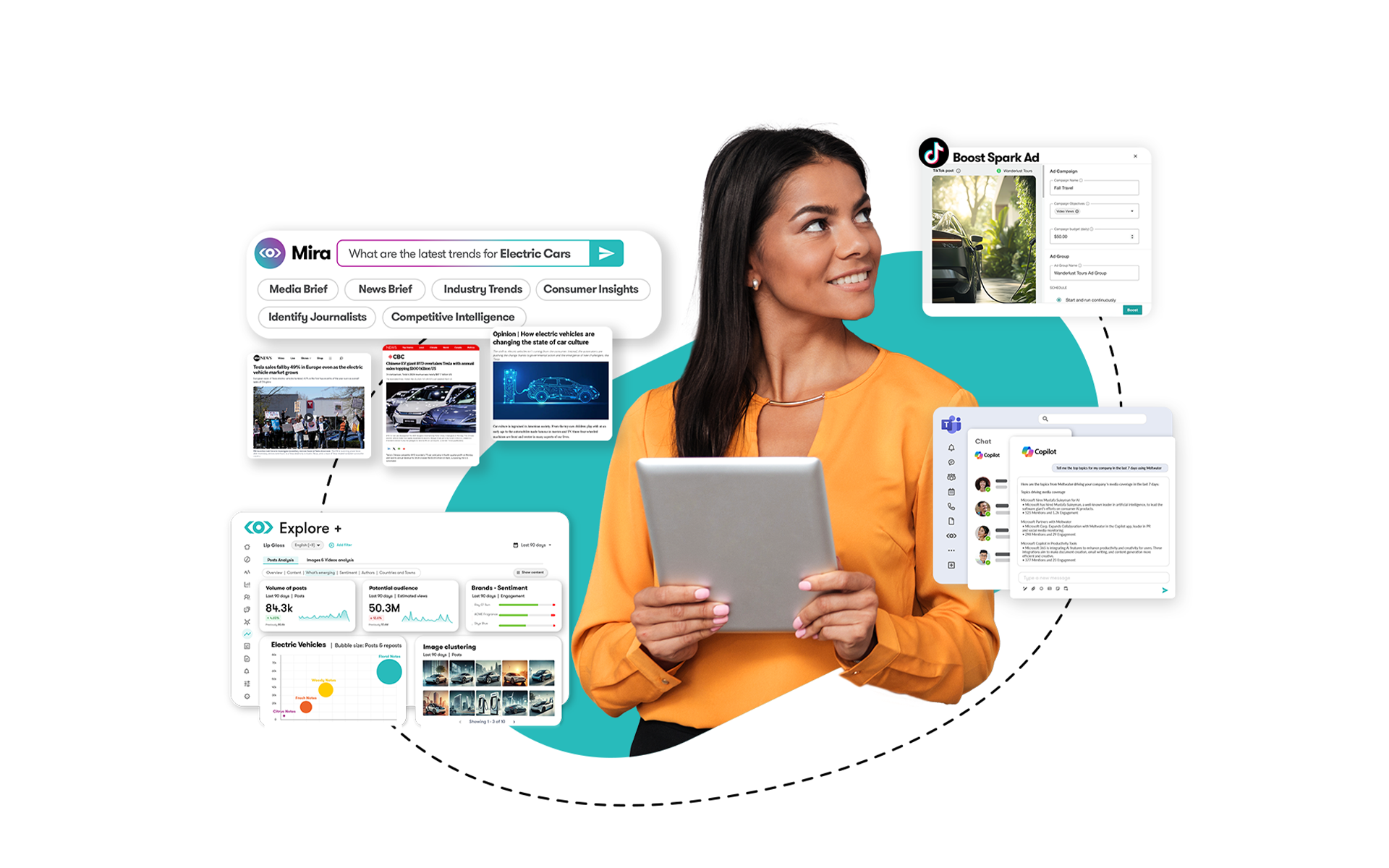 An abstract illustration of a professional woman looking at various product images from Meltwater's 2025 mid-year release. 