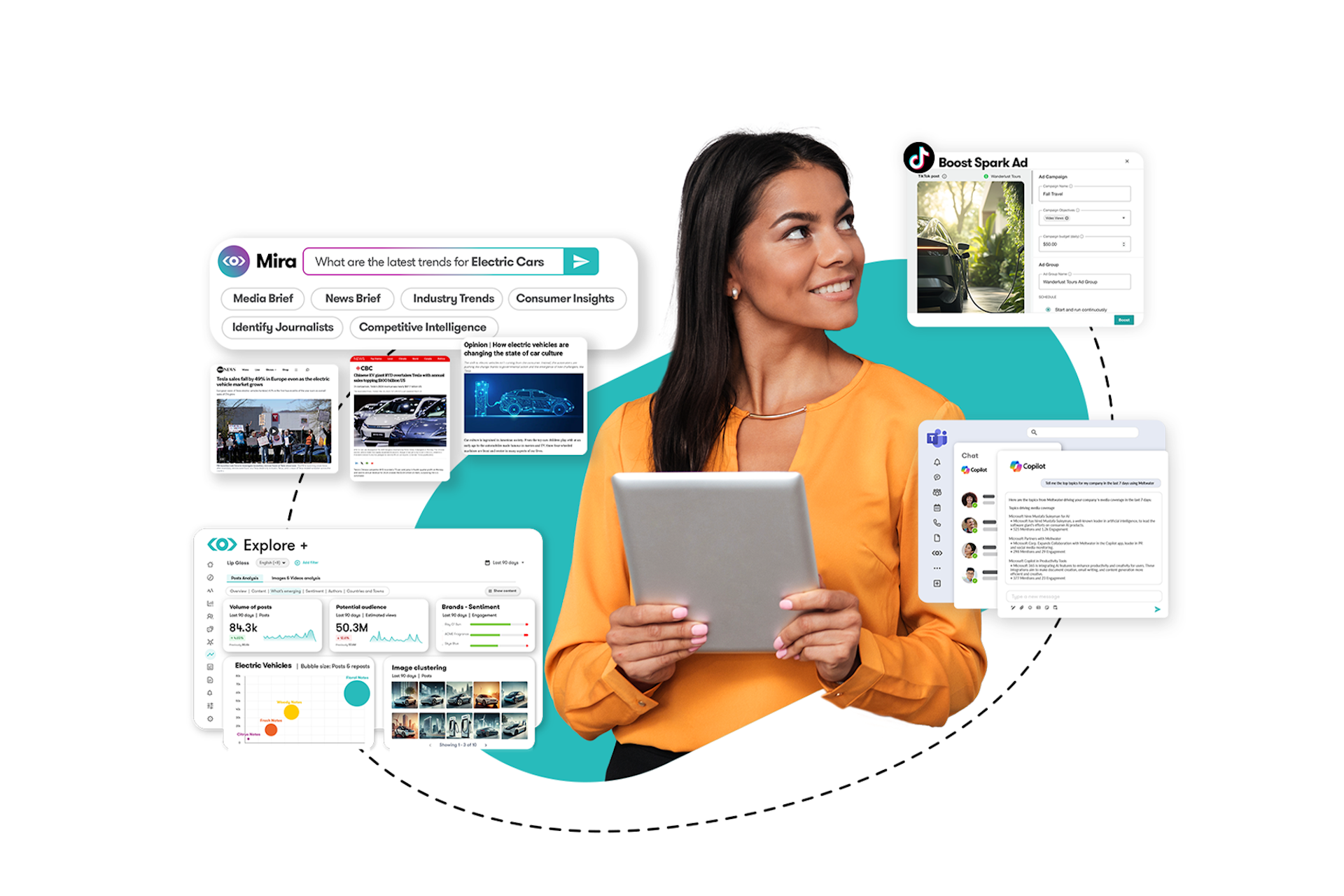 An abstract illustration of a professional woman looking at various product images from Meltwater's 2025 mid-year release.