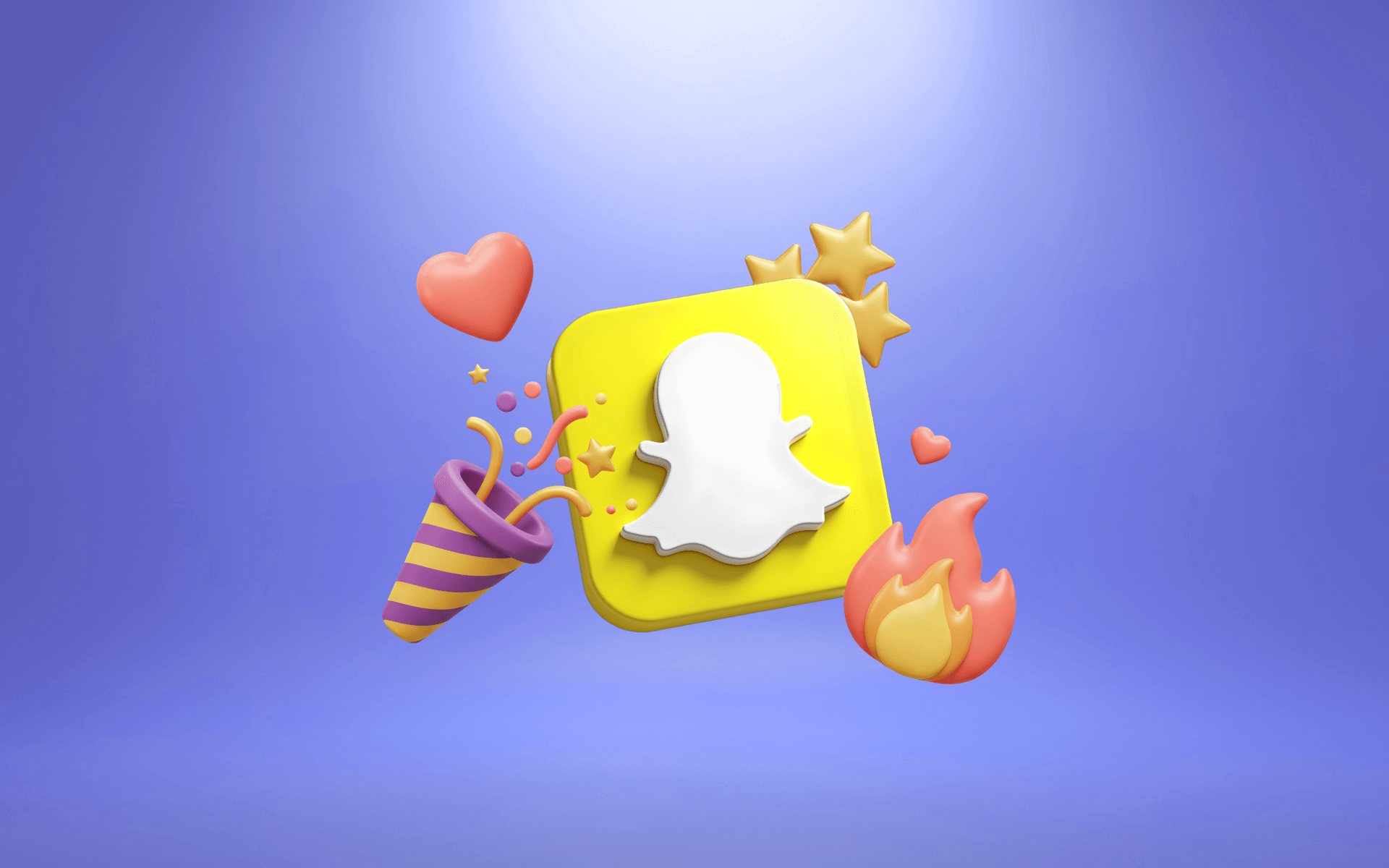 Illustration of the Snapchat logo surrounded by heart, fire, and star emoji icons representing snapchat marketing