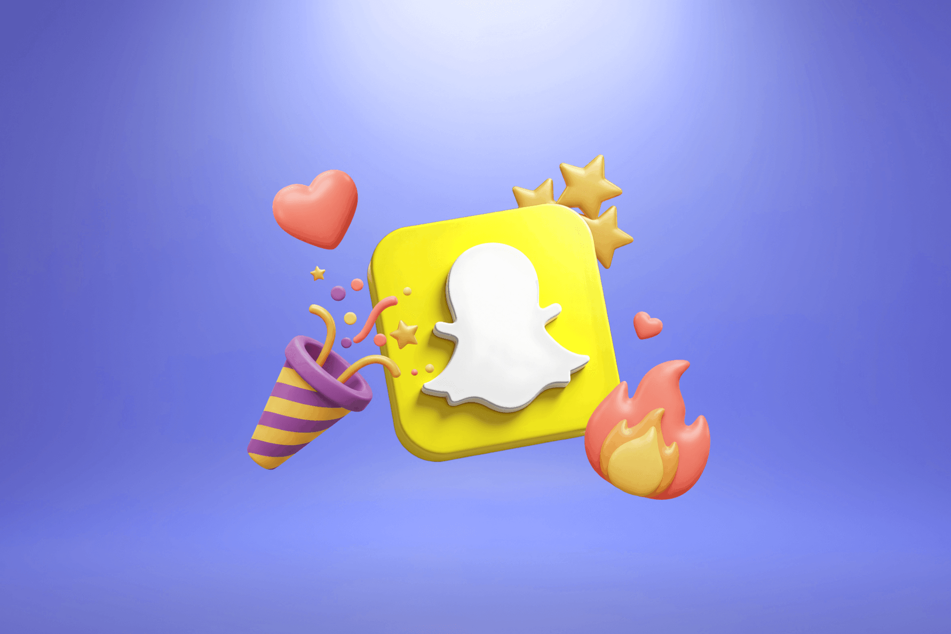 Illustration of the Snapchat logo surrounded by heart, fire, and star emoji icons representing snapchat marketing