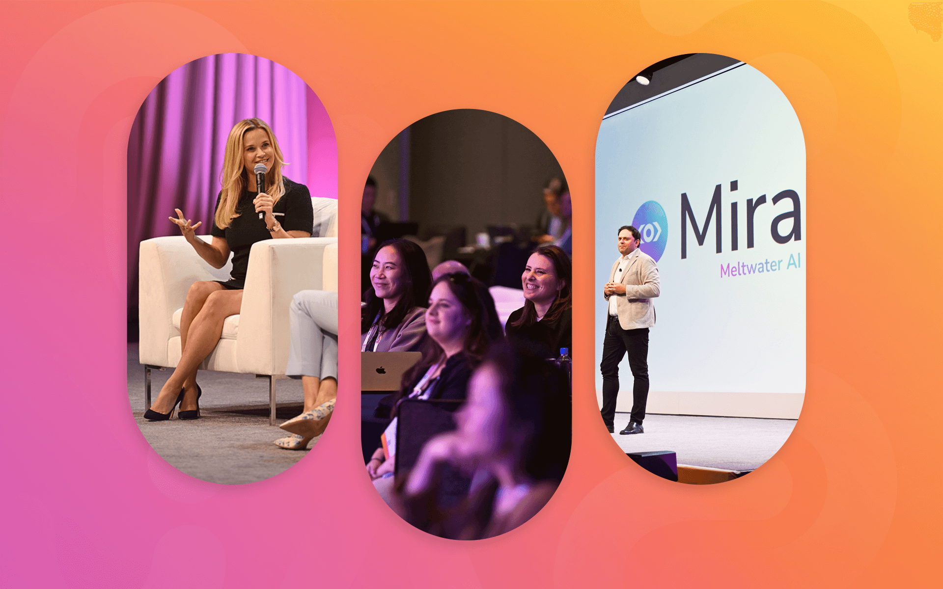 collage of images from meltwater summit 2025, including reese witherspoon and meltwater ceo john box
