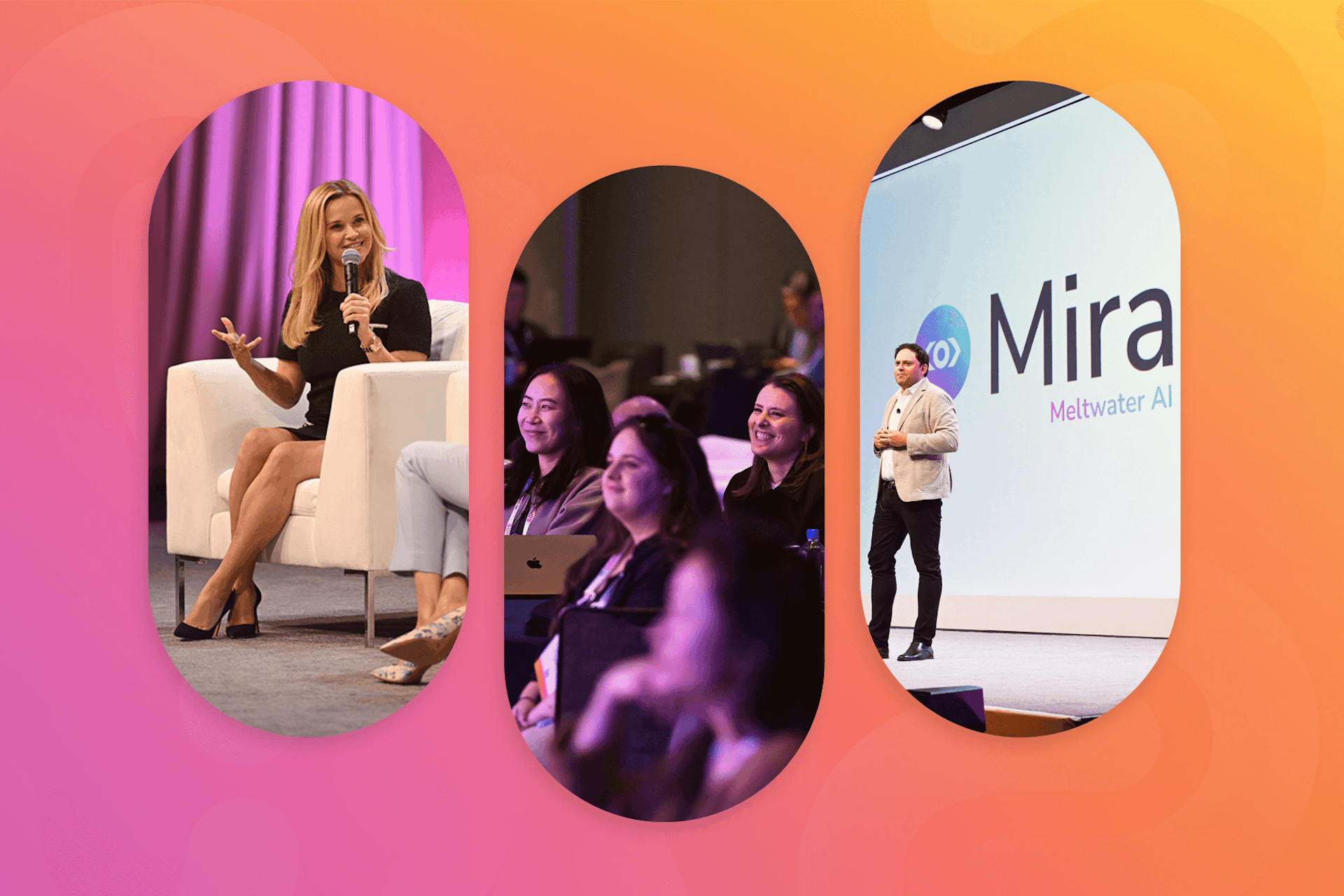 collage of images from meltwater summit 2025, including reese witherspoon and meltwater ceo john box