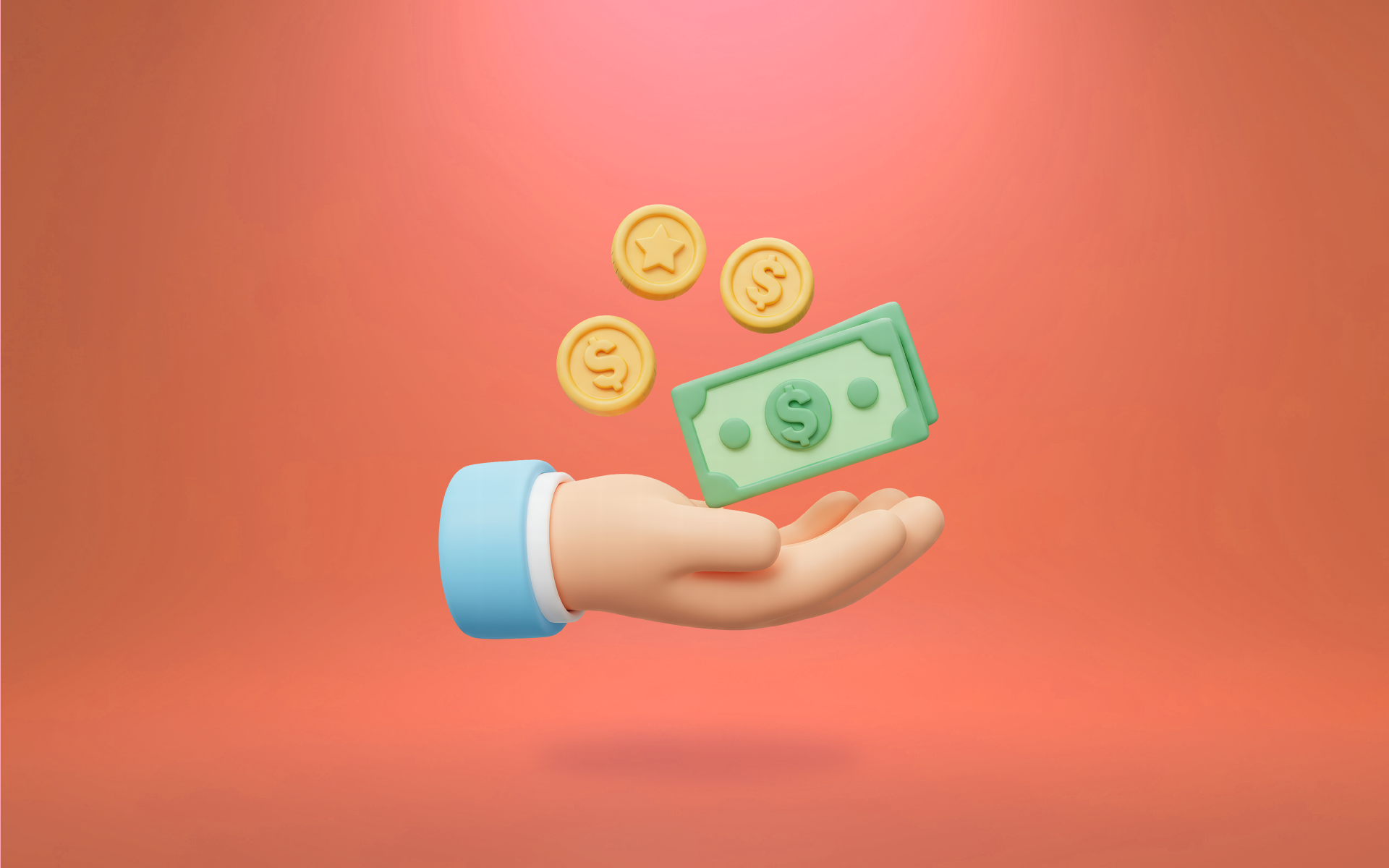 A hand hovers beneath three coins and dollar bills