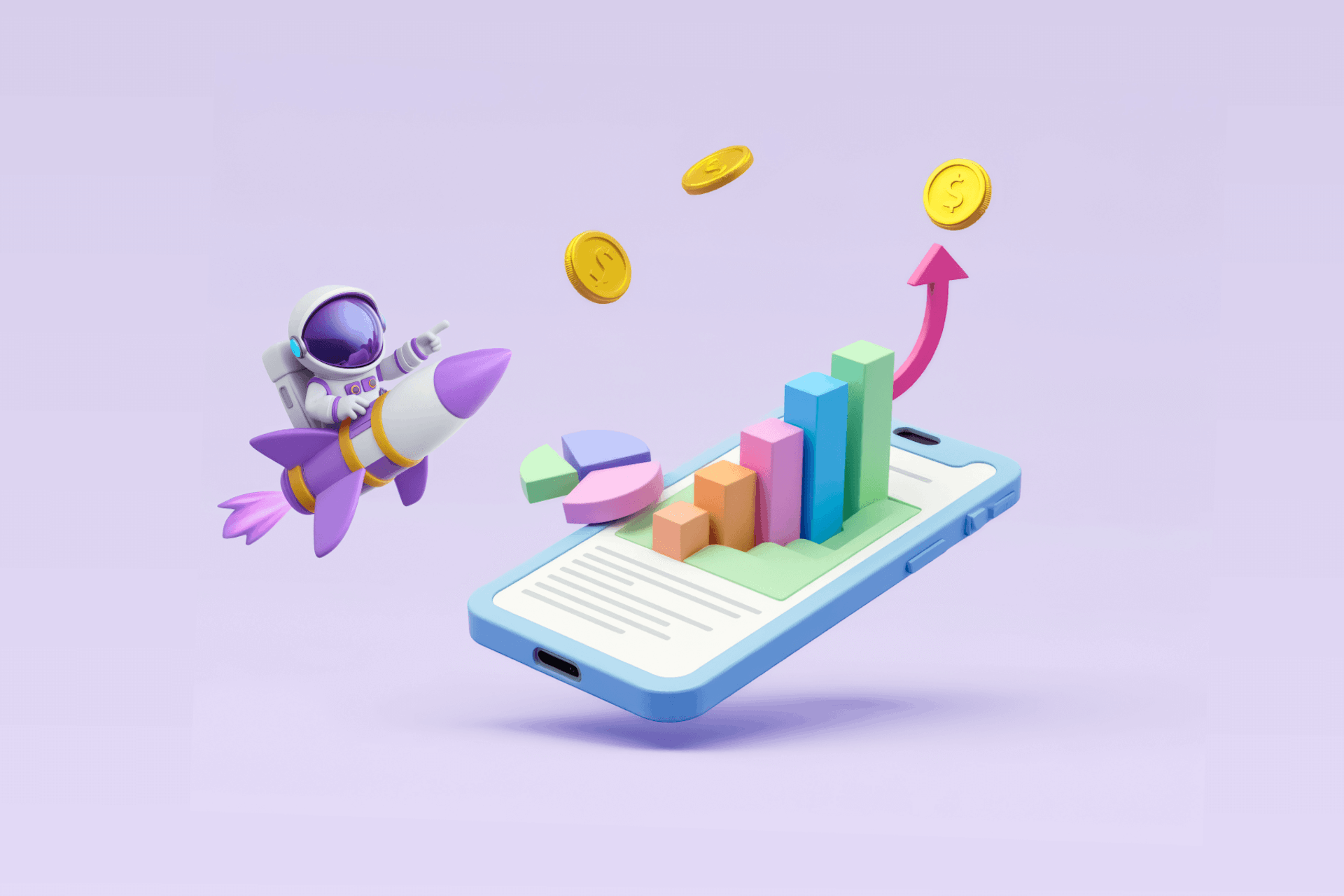 illustration of an astronaut above a smartphone with marketing charts representing generative AI in market research