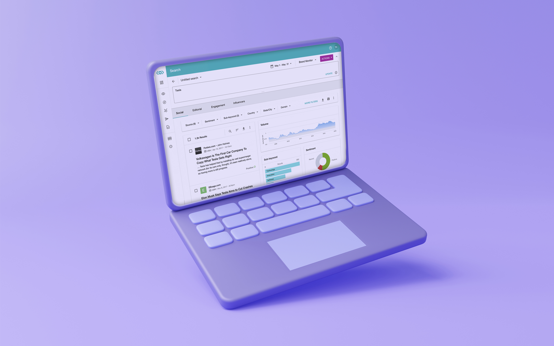 An image showing a purple laptop open on the Meltwater Suite with graphs and social listening insights, on a pale purple background. Meltwater vs Cision blog post